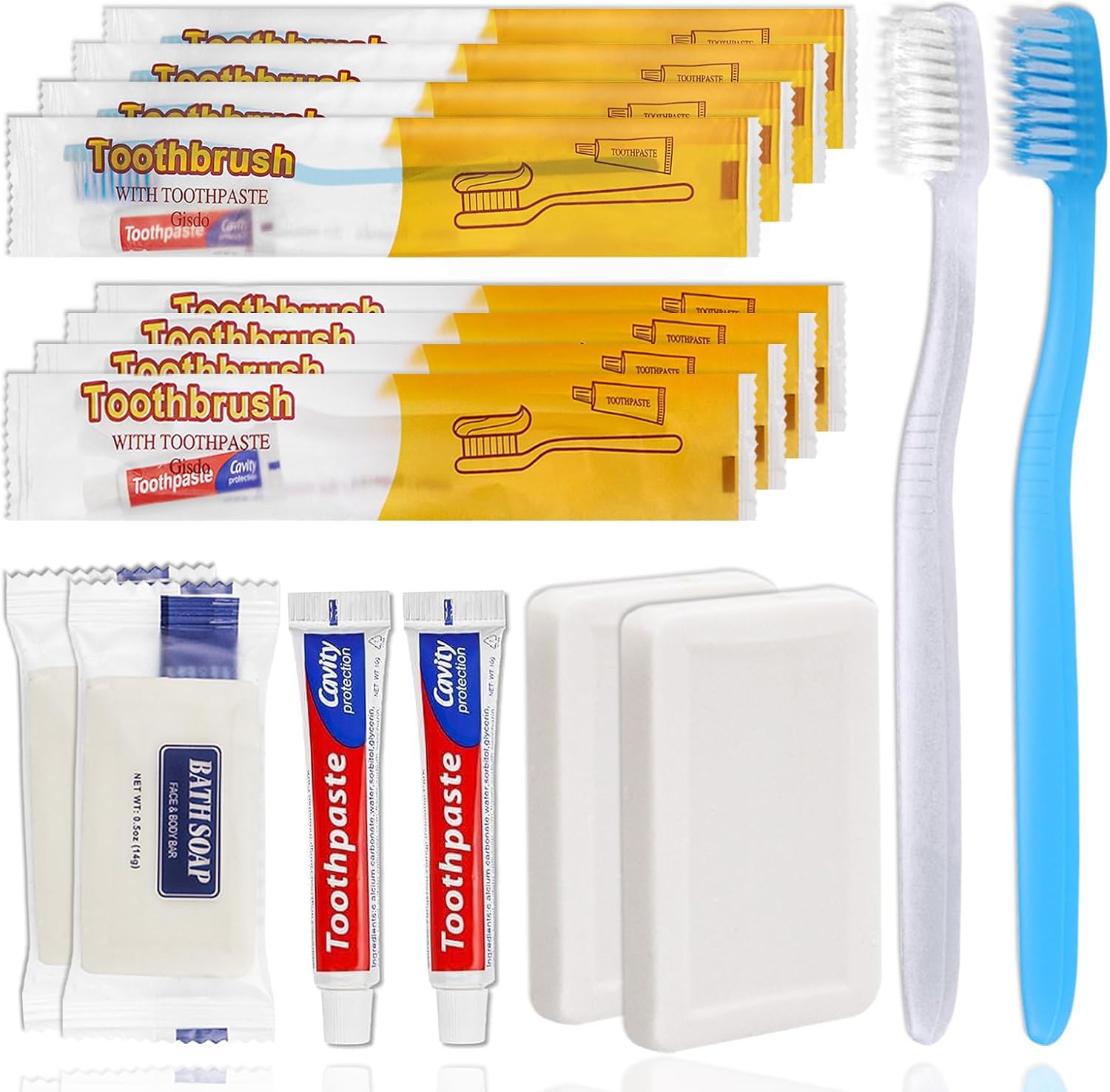 Paquete de 30 cepillos de dientes desechables con pasta de dientes y jabón envueltos individualmente, 2 colores, barra de jabón de 0.5 onzas, tamaño