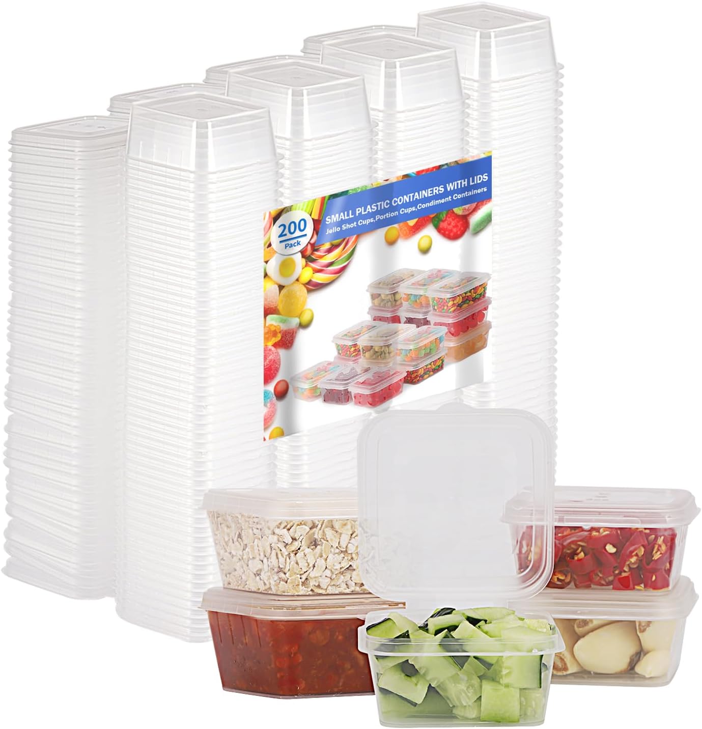 Recipientes de plástico pequeños de 3 onzas con tapas (paquete de 200), recipientes desechables para condimentos con tapas, tazas de porciones,
