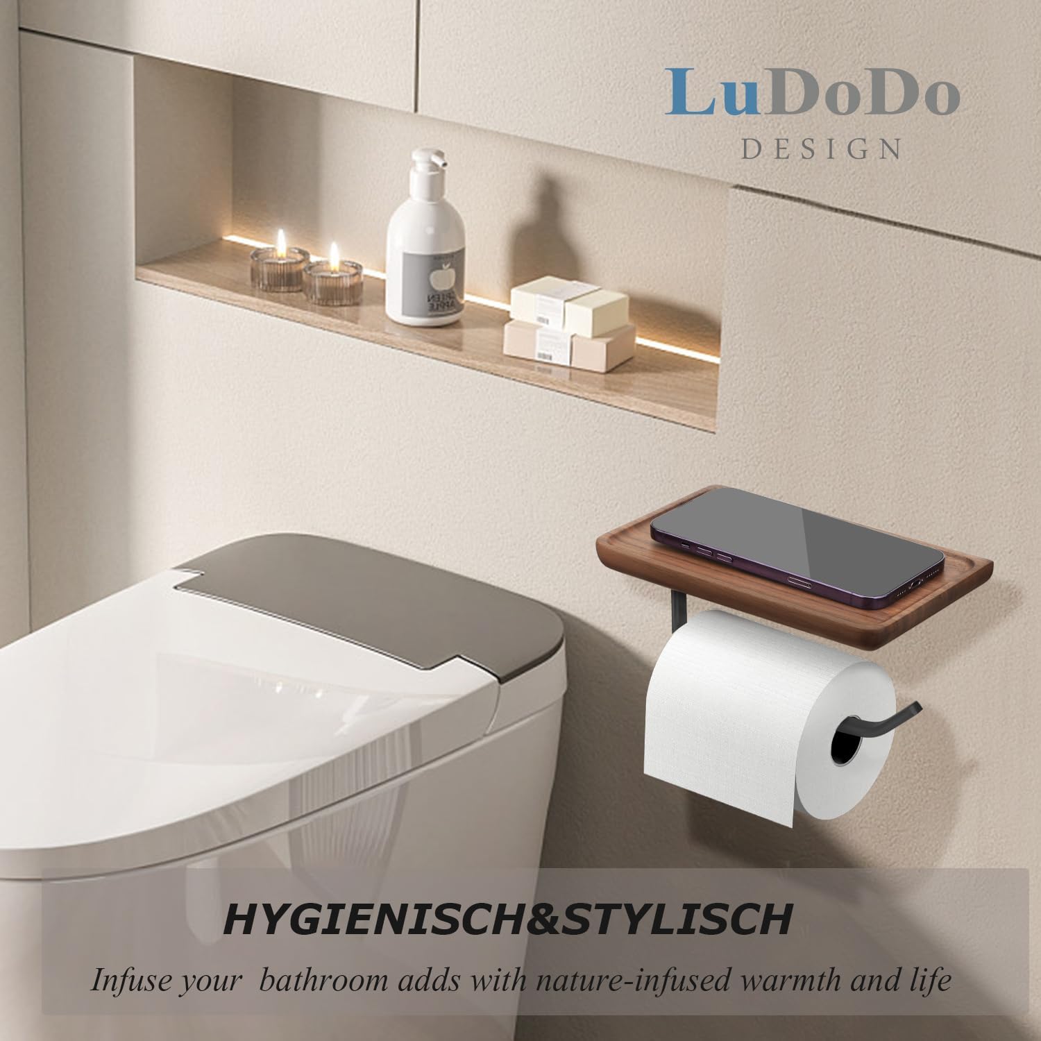 Soporte de papel higiénico con estante negro, soporte de pared de madera para rollo de papel de seda con tornillo, accesorios de baño decoración