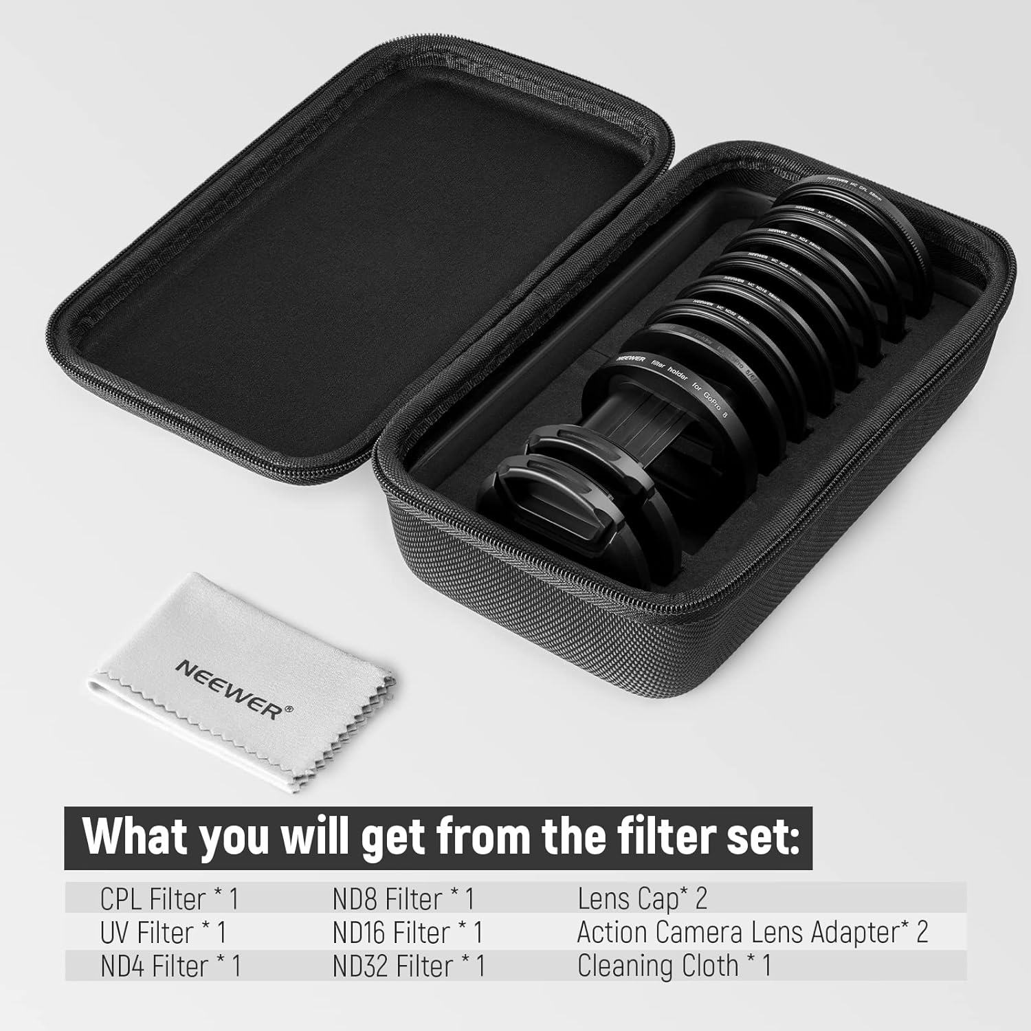 NEEWER Kit de filtro de lente de 2.283in compatible con GoPro Hero 8 7 6 5, juego de filtros polarizadores de densidad neutra, 4 filtros ND