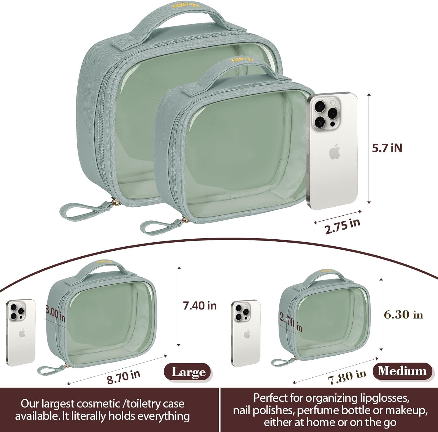 Hibagg Neceser de viaje, Verde grisáceo, Transparente