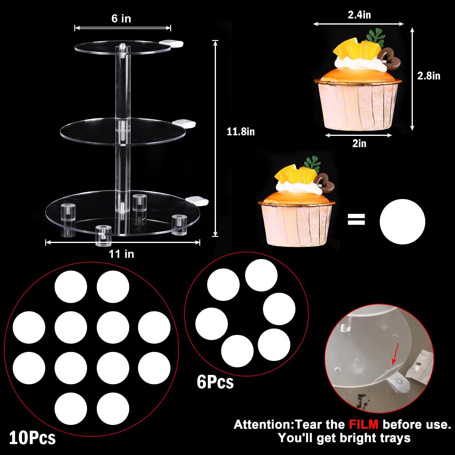 OceanWings Soporte acrílico de 3 niveles para cupcakes con luz LED, colorido soporte redondo para cupcakes, torre de postres para cumpleaños, bar,