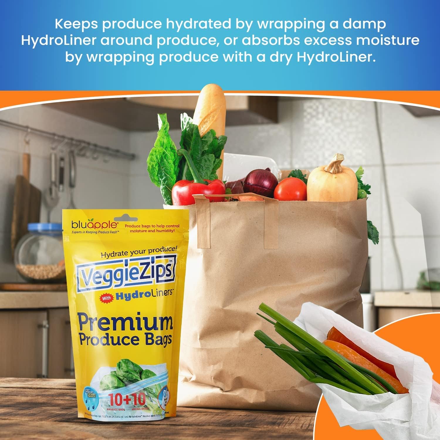 Bluapple VeggieZips Sistema de almacenamiento de productos de alta calidad, juego de 40 piezas, 20 bolsas ahorradoras de alimentos + 20 HydroLiners,