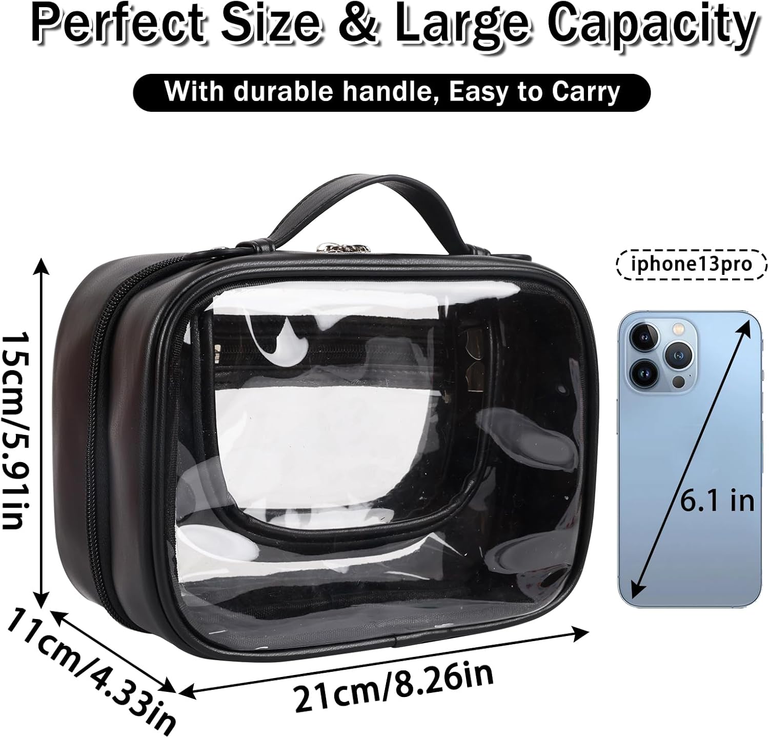 Iqimott Neceser de viaje Bolsa de maquillaje transparente, bolsa de cosméticos con cremallera aprobada por la TSA, Negro -, Moda