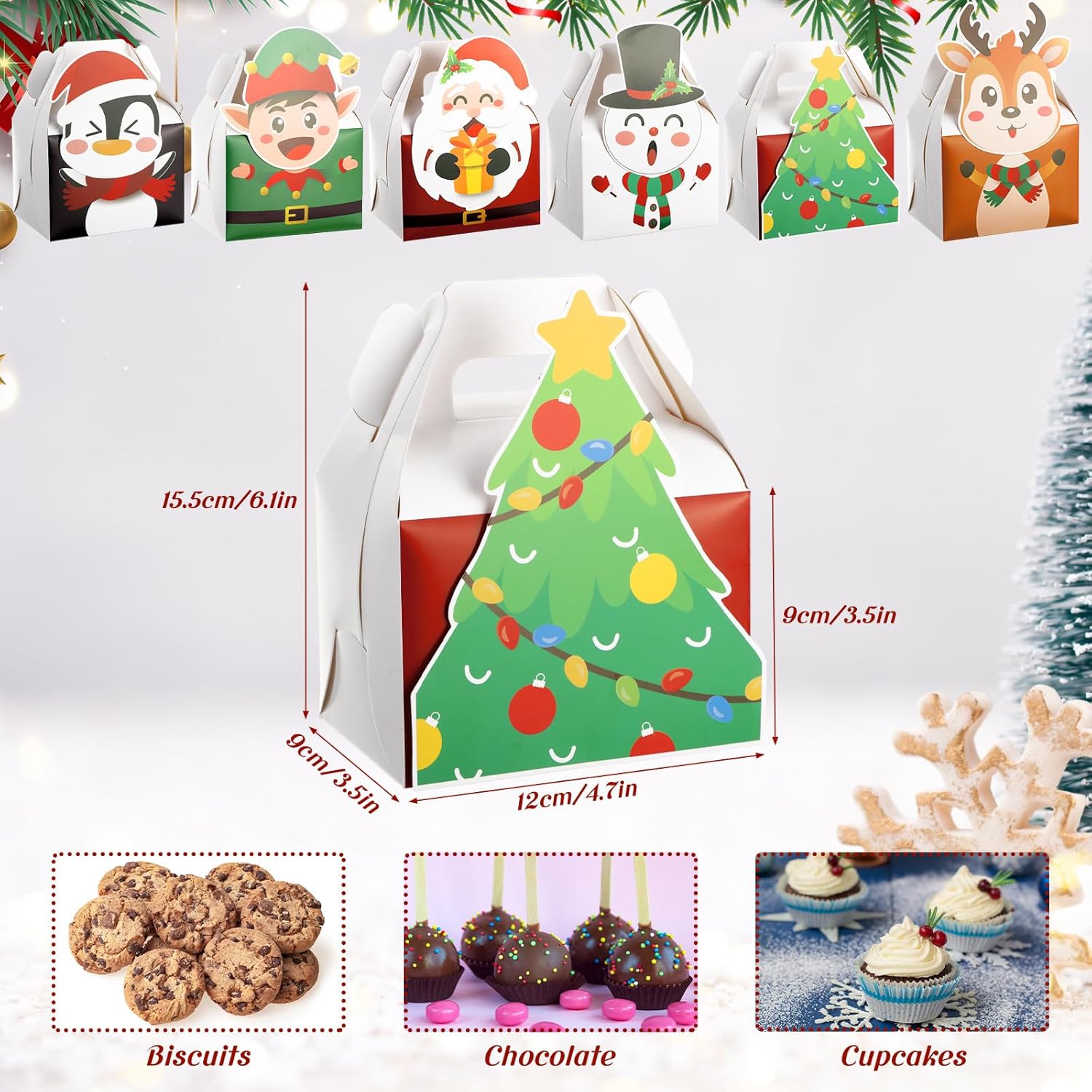 Cholemy 24 cajas de regalo de Navidad 3D de cartón a dos aguas plegables de Navidad con asas, Papá Noel, muñeco de nieve, reno, elfo, alce,
