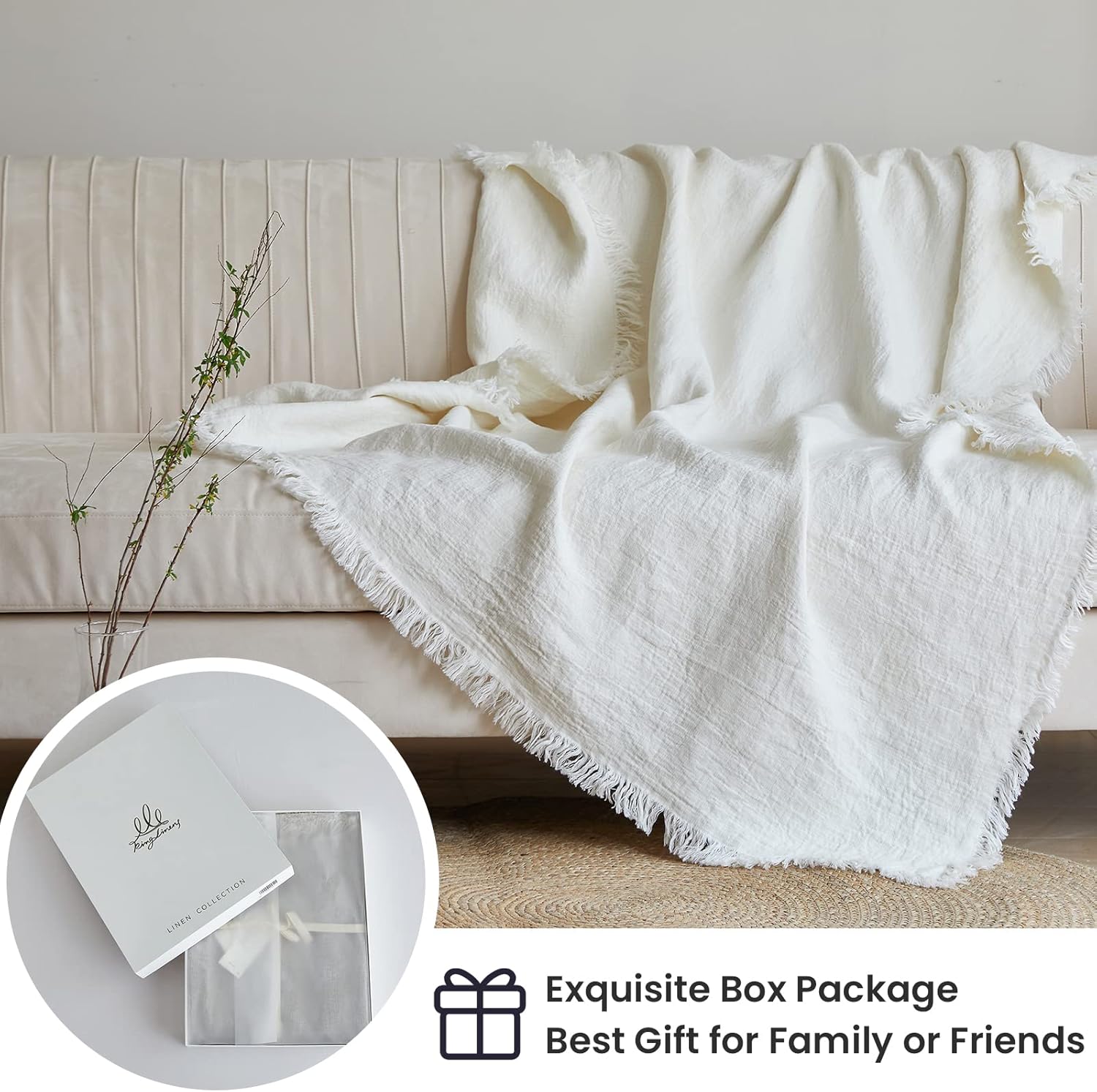 King Linens Manta 100% de lino con flecos para sofá, cama, sofá, regalo, lino natural lavado, color liso, suave, transpirable, acogedora, decoración