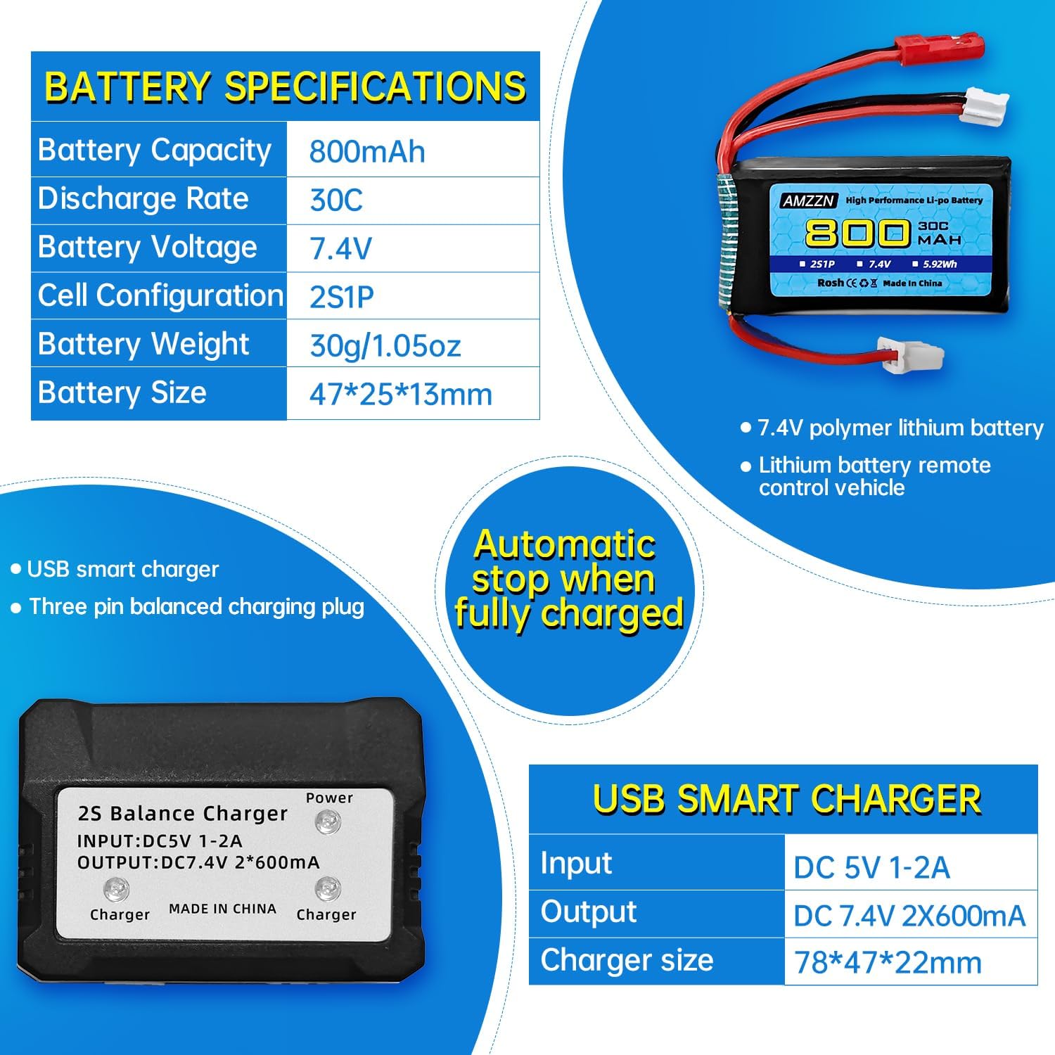 2 baterías Lipo de 7.4V 30C 2S 800mAh con enchufe JST y enchufe PH2.0 + carga 2 en 1 para batería de automóvil SCX24 RC, compatible con la mayoría
