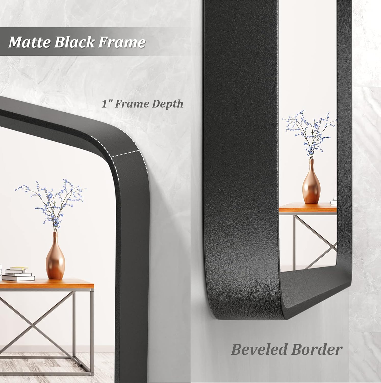 Espejo de baño negro mate de 72 x 36 pulgadas, espejo grande con marco de metal negro para pared, espejo rectangular de esquina redondeada,