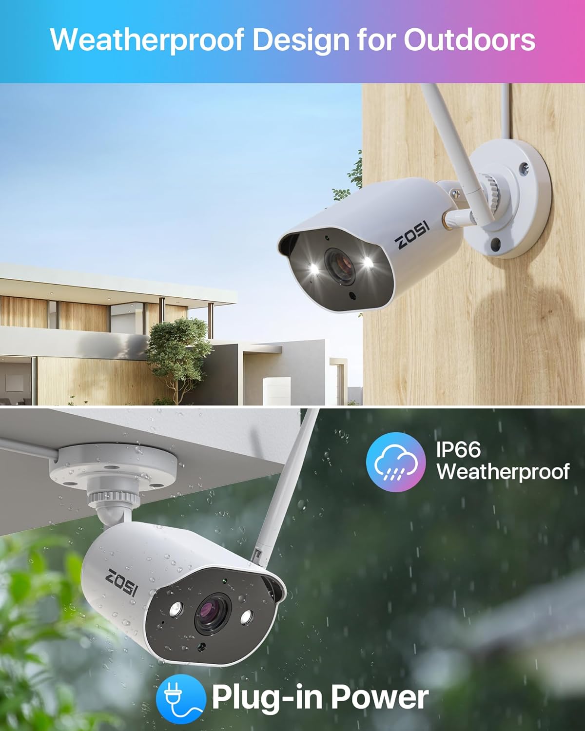ZOSI ZG3023A – Cámara complementaria 2K, cámara IP WiFi enchufable de 3 MP para exteriores e interiores con fuente de alimentación, visión nocturna,