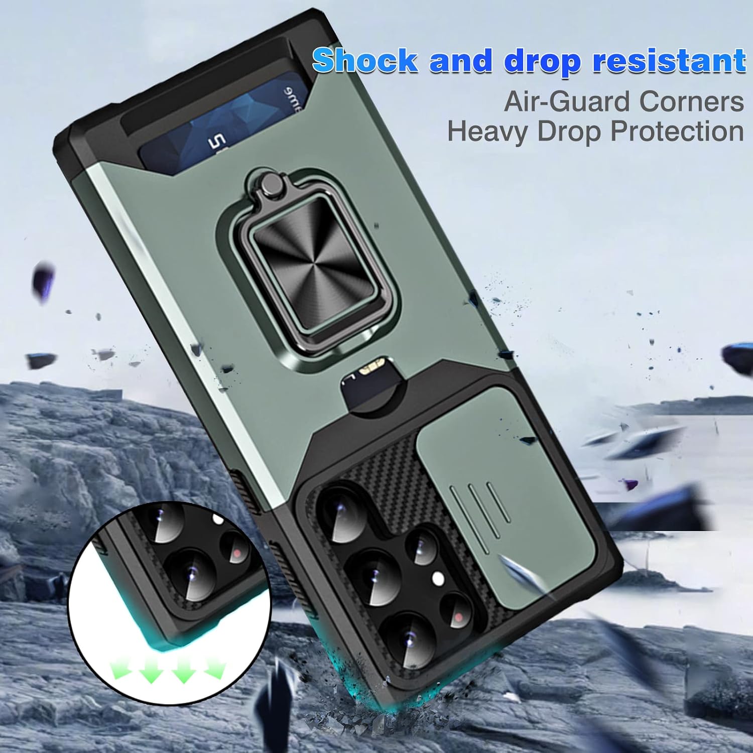 Qshare Funda para Samsung Galaxy S23 Ultra, anillo giratorio de 360, con cubierta de cámara deslizante, a prueba de golpes y caídas, para Samsung