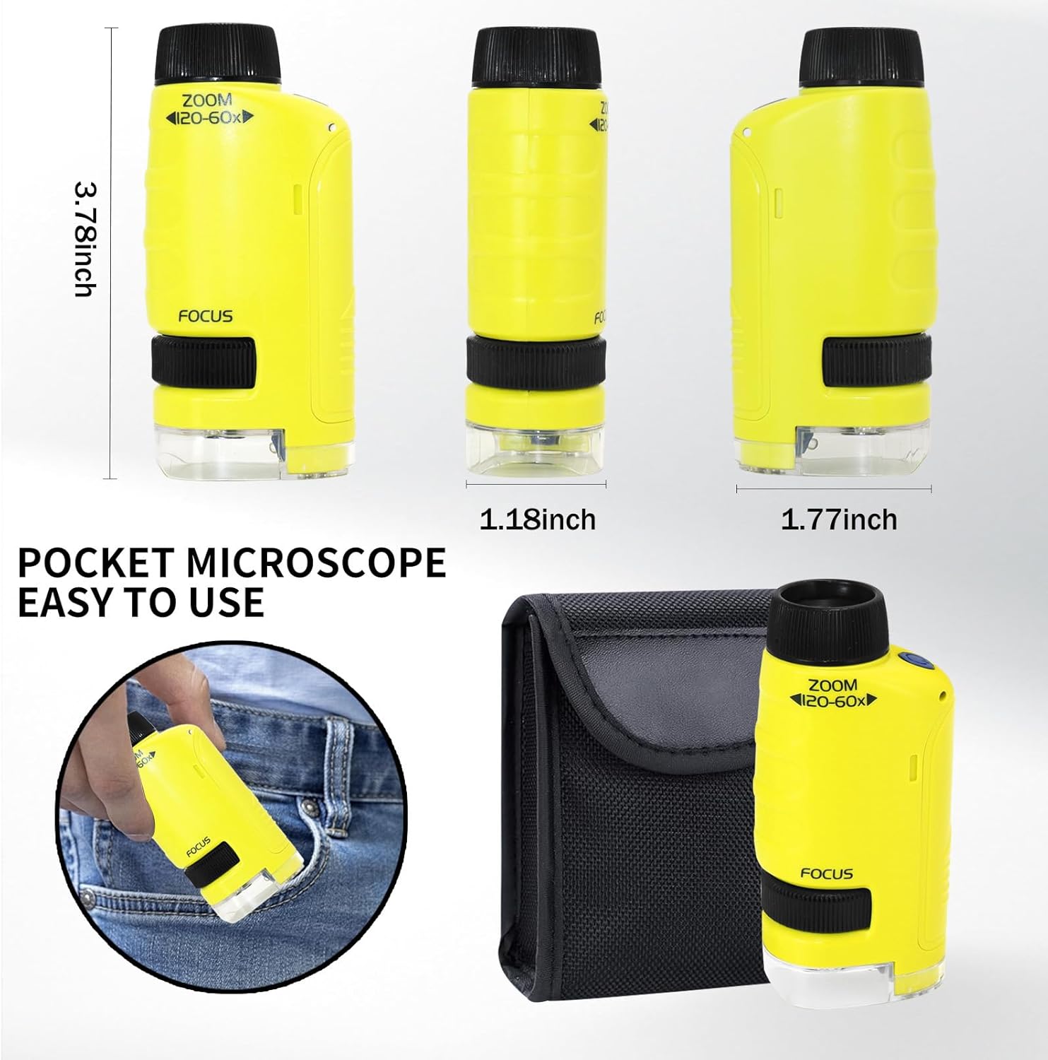 Liayozl Miniscopio para niños, microscopio de bolsillo portátil con luces LED, microscopio de bolsillo de mano para niños, estudiantes, adultos,