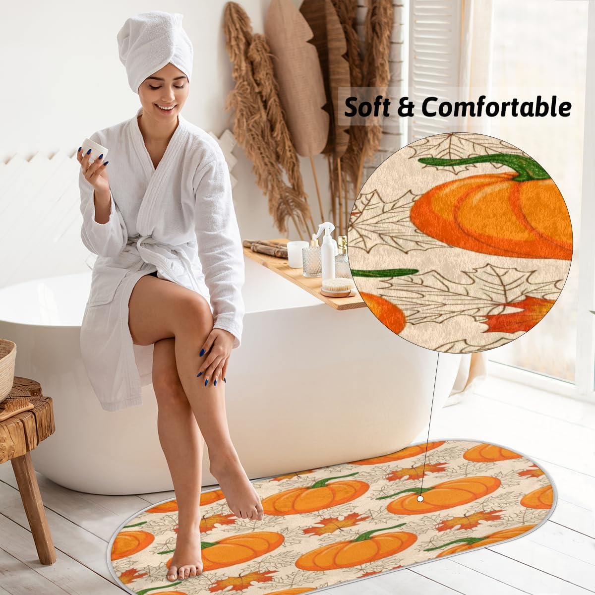 Pumpkin Maple Leaves Fall Thanksgiving Memory Foam Bathroom Rug Runner Soft Cozy Bath Rug Water Absorbent Non-Slip Bathroom Mat Thick Velvet Shower