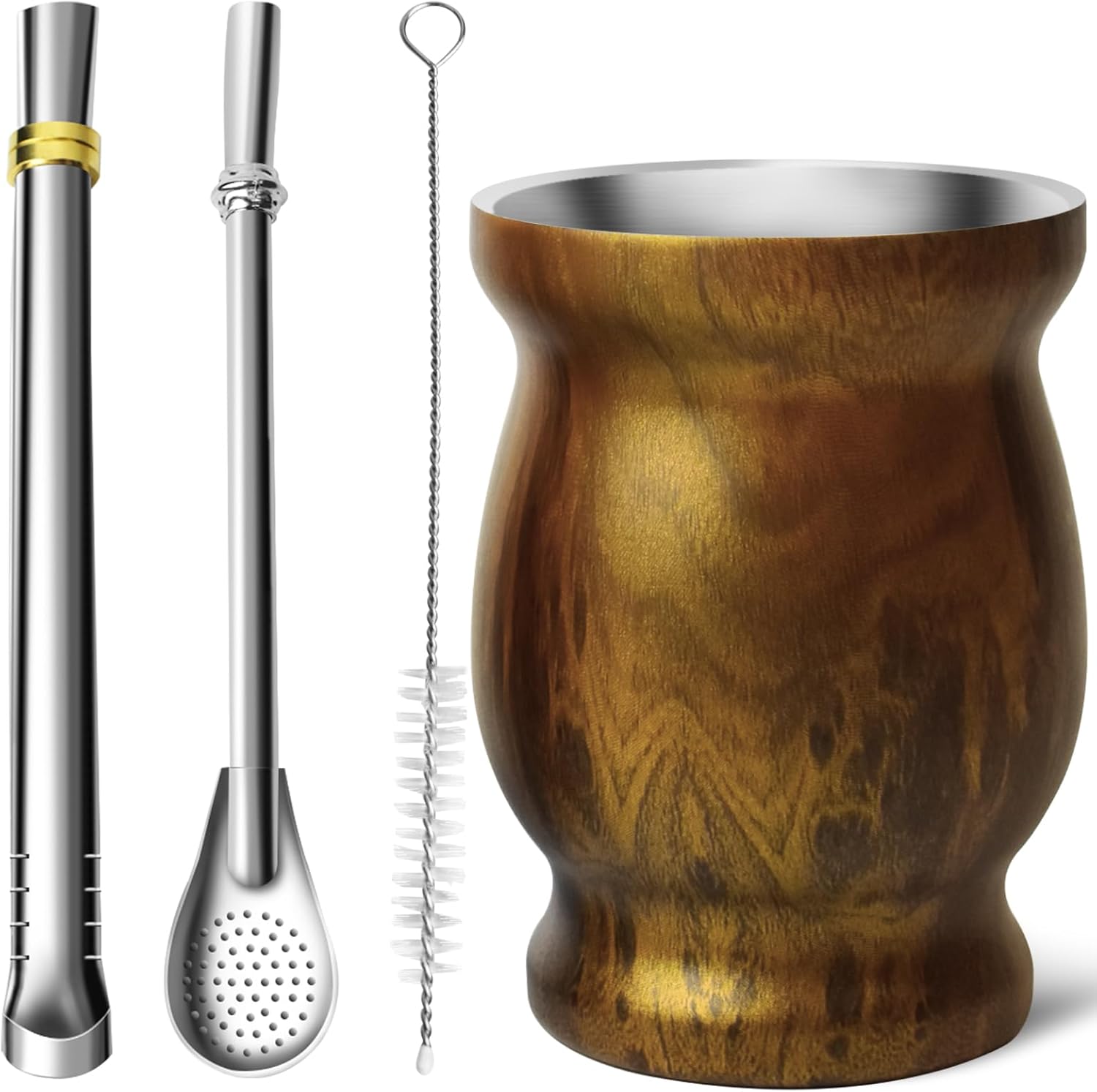 Artcome Juego de 4 tazas de yerba mate de acero inoxidable  1 taza mate de acero inoxidable de doble pared de 8.5 onzas (madera), 2 bombillas (paja