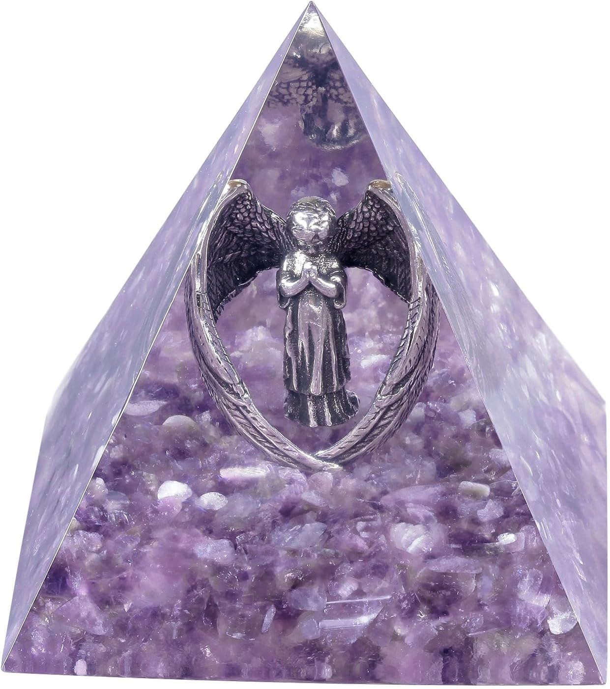 Yatming – Pirámide de cristal de amatista de orgón con figura de ángel rezando de cobre, generador de energía positiva de ángel de la guarda