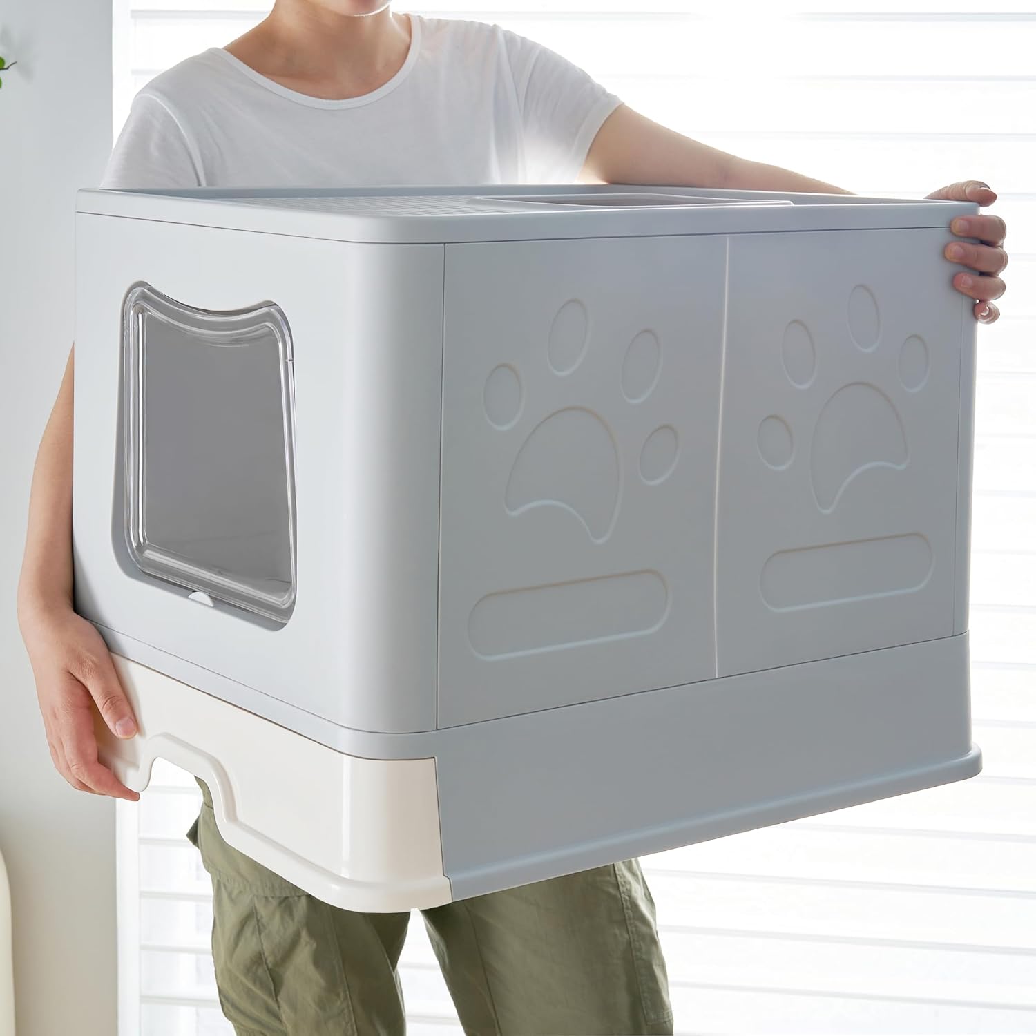 Vealind Caja de arena extragrande para gatos con tapa para gatos grandes o gatitos, caja de arena plegable con cuchara para varios gatos, caja de