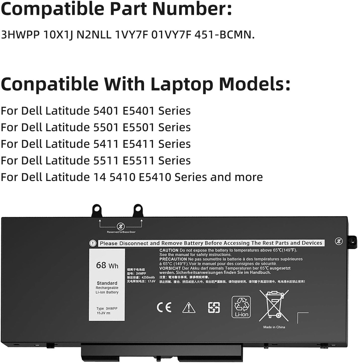 3HWPP – Batería para laptop Dell Latitude 5401 5410 5411 5510 5501 5511 Precision 3541 3550 3551, para Inspiron 7500 7506 2 en 1 negro P80F004