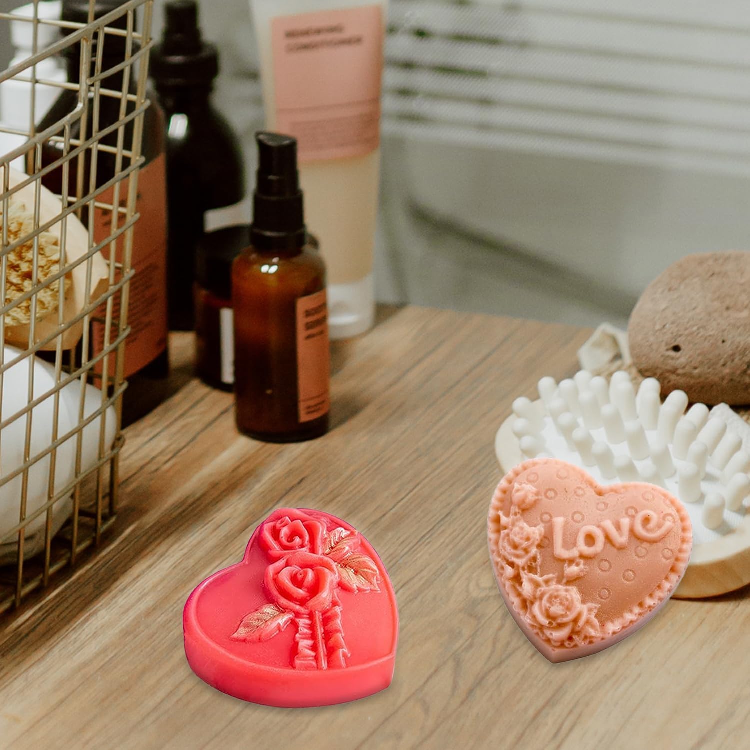 AITRAI – Moldes de jabón de silicona con forma de corazón, 4 tipos de flores 3D, moldes de jabón de corazón para hacer jabón, pasteles, dulces,