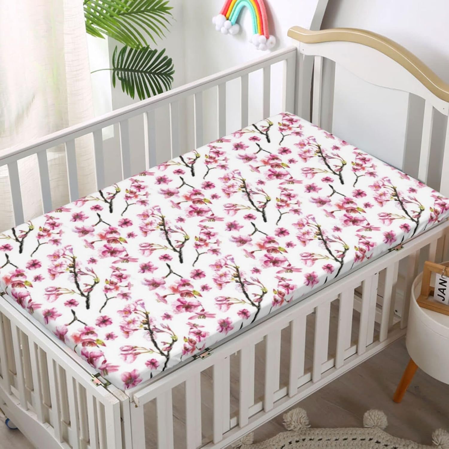 Sábana bajera ajustable para cuna con temática de flor de cerezo, suave y transpirable, sábana para colchón de cuna o sábana para niños pequeños,