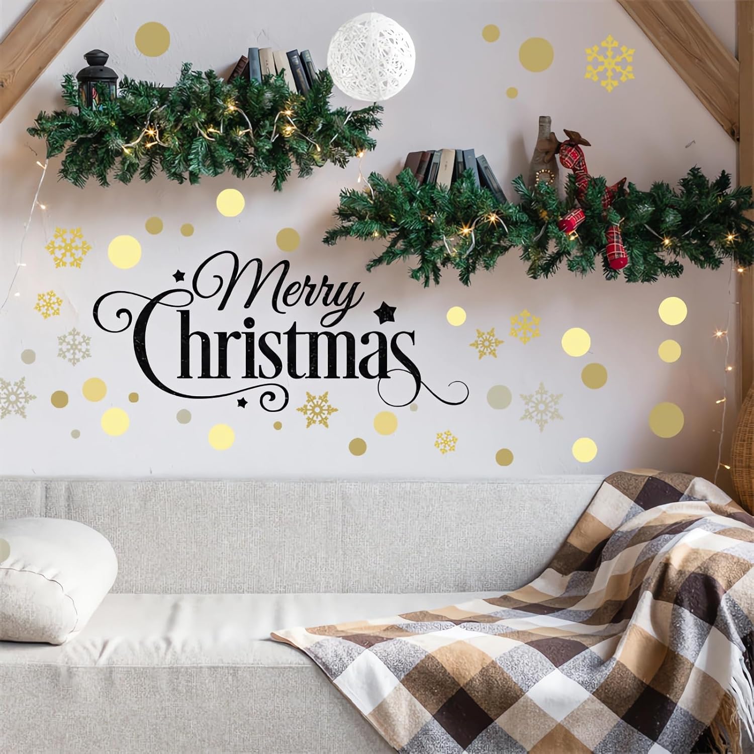 Calcomanías de pared de copos de nieve de lunares dorados, marrones y grises, vinilo extraíble para decoración de Navidad, sala de estar,