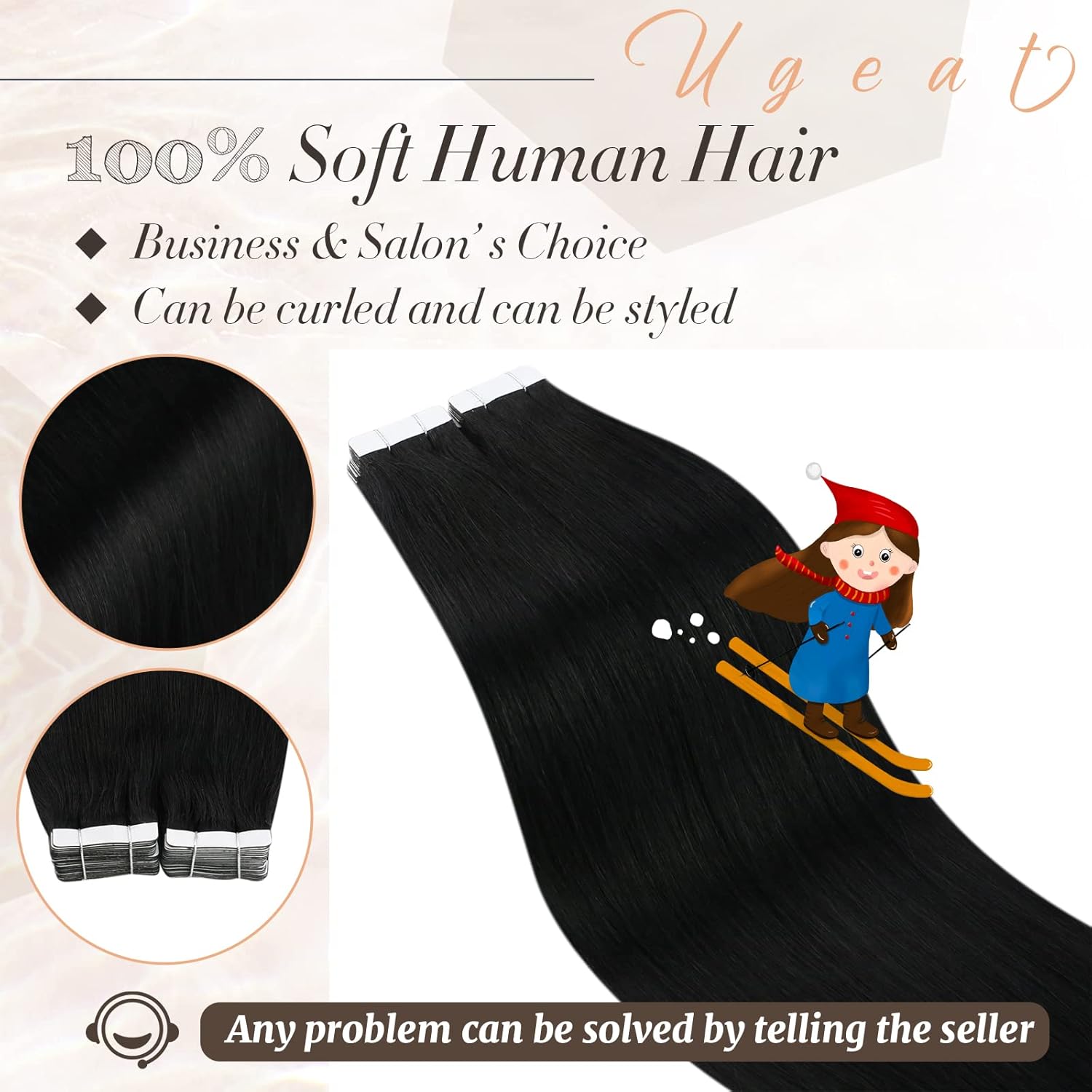 Ugeat Extensiones de cabello humano Remy con cinta