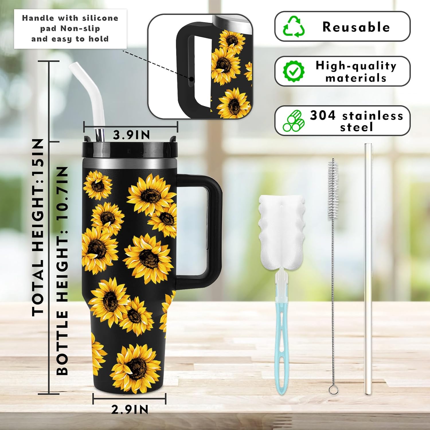 Vaso de 40 onzas con asa, tapa a prueba de derrames, popote y posavasos de silicona, taza aislada de doble pared de acero inoxidable, taza de café
