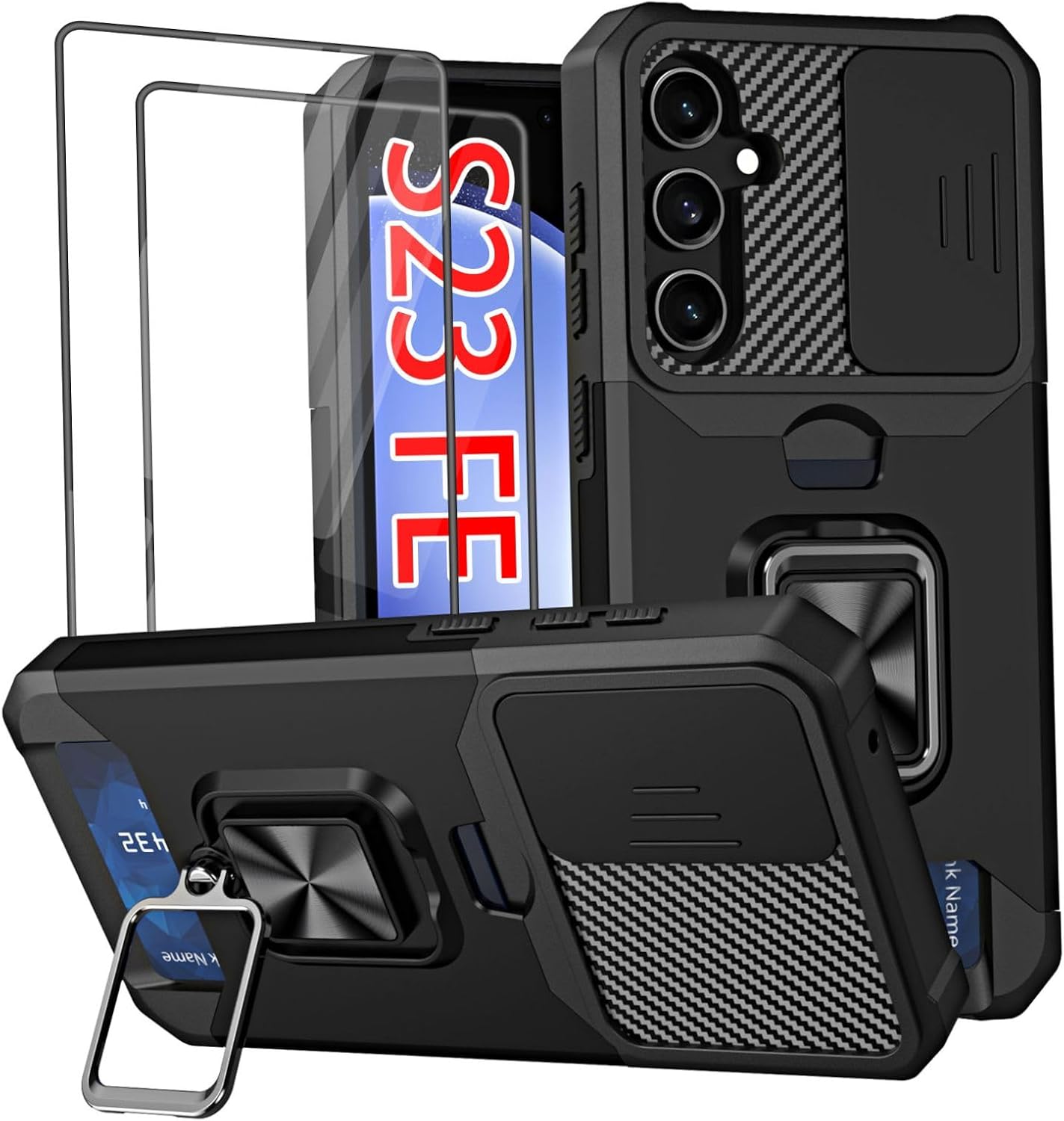 Jusy Funda tipo cartera para Samsung Galaxy S23 FE y 2 protectores de pantalla, con funda deslizante para cámara, ranura para tarjetero y anillo