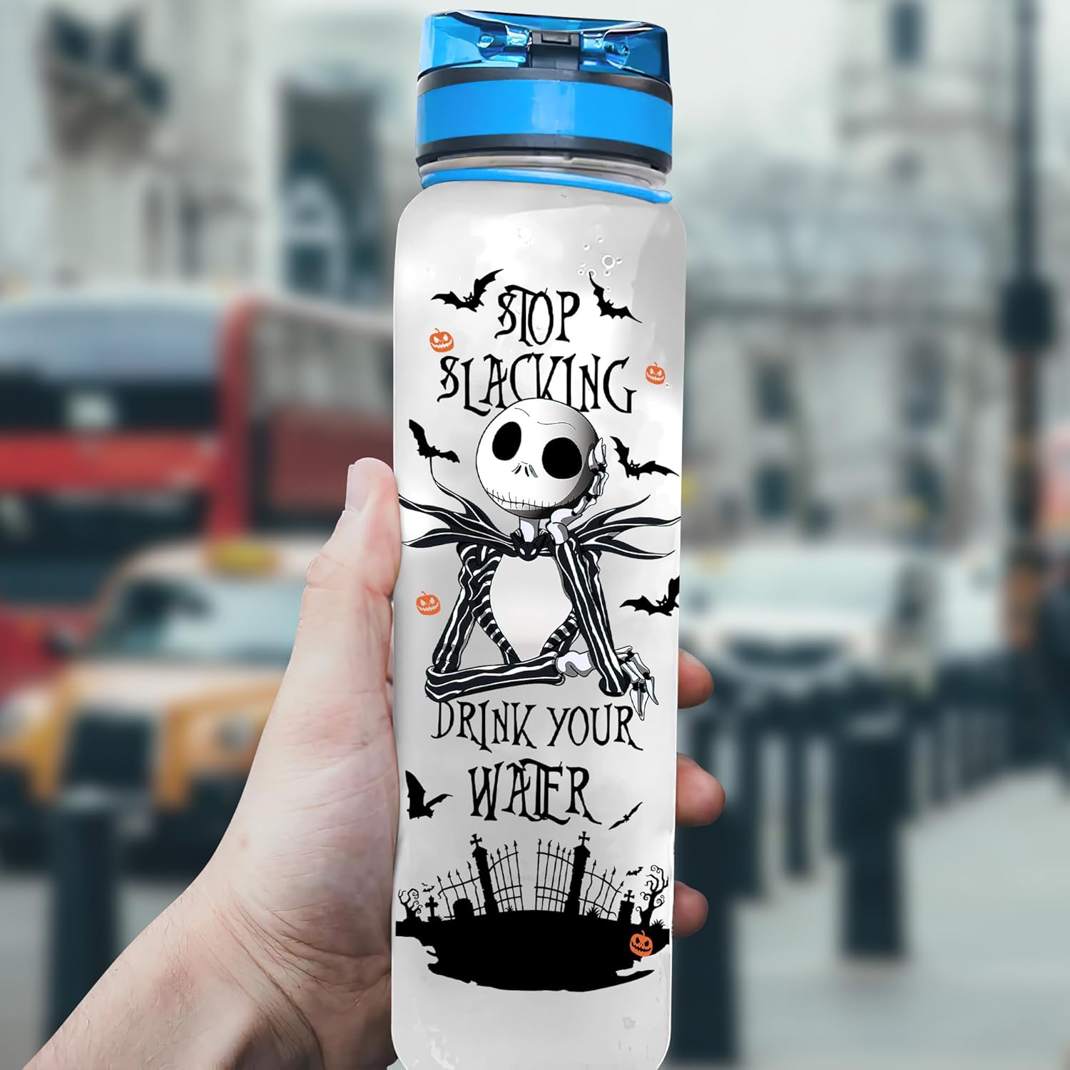 GEPOSTORE Jack Pumking King – Botella de agua deportiva motivacional de 32 onzas con marcador de tiempo, hora de beber, regalos para Halloween