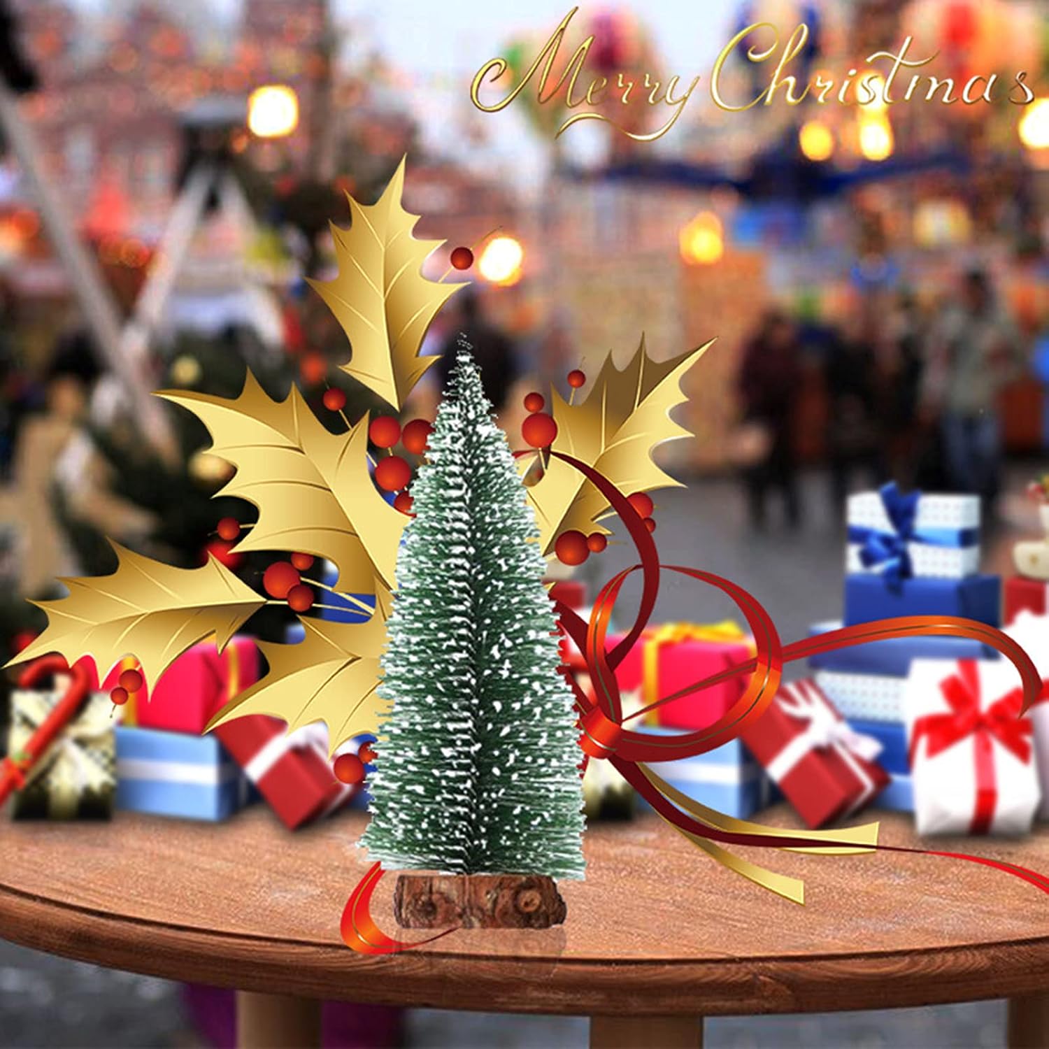 12 piezas de mini árboles artificiales de nieve de sisal de Navidad de pino en miniatura con base de madera, botella, cepillo, árboles de Navidad