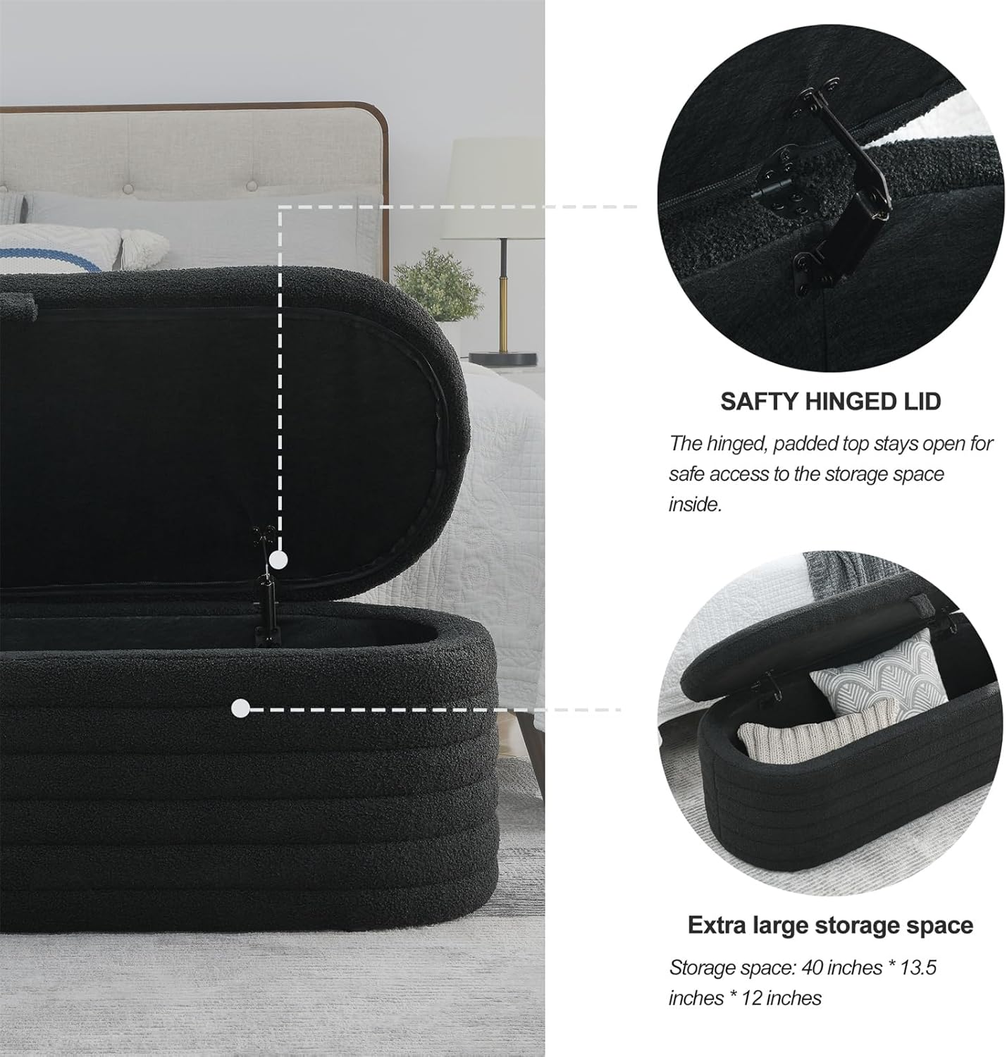 TRIPLE TREE Banco otomano de almacenamiento de 45.5 pulgadas con asiento de 250 libras, banco de almacenamiento tapizado de tela de peluche,