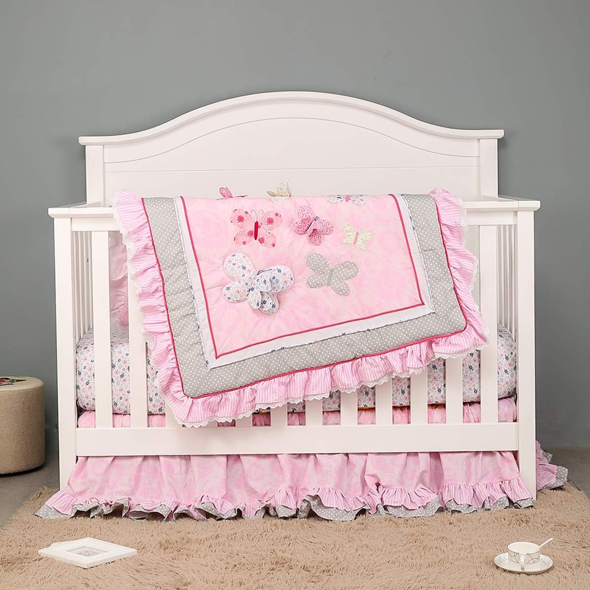 Juego de ropa de cama de 2 piezas con bordado rosa con mariposas y sábana bajera para cuna de bebé niña