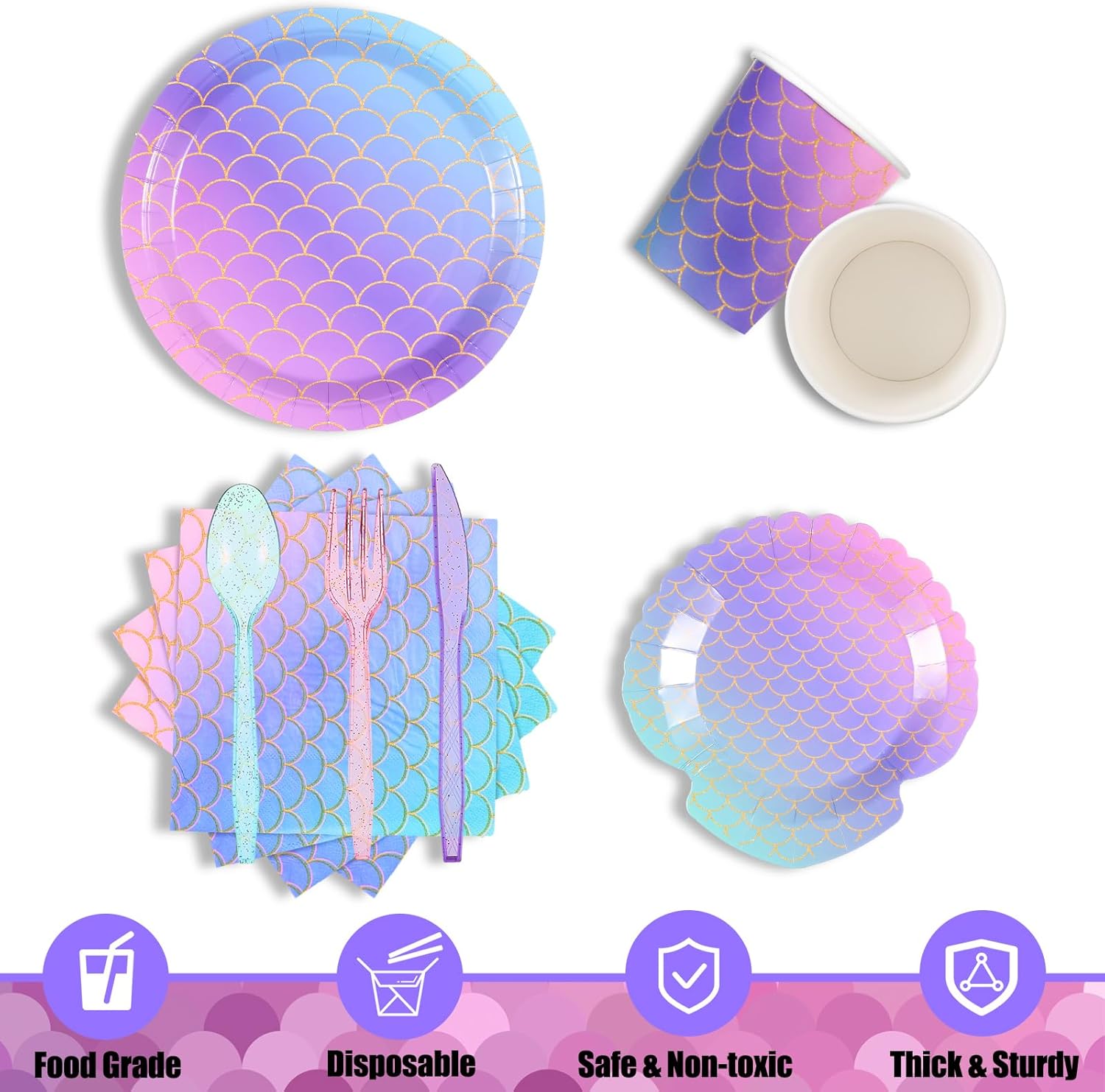 Roshtia 172 piezas de suministros para fiesta de cumpleaños de sirena (reserva 24), juego de vajilla desechable de sirena para niña, cumpleaños,
