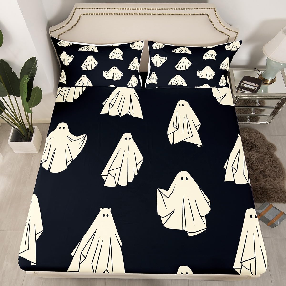 Castle Fairy Sábana bajera ajustable con estampado de fantasmas de Halloween para niños, ropa de cama de tela decorativa suave, color negro,