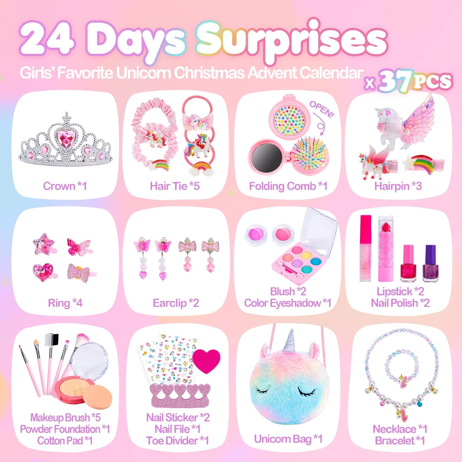 Calendario de Adviento de maquillaje 2023 para niñas, joyería de 24 días, maquillaje de unicornio, calendario de cuenta regresiva de Navidad, juego