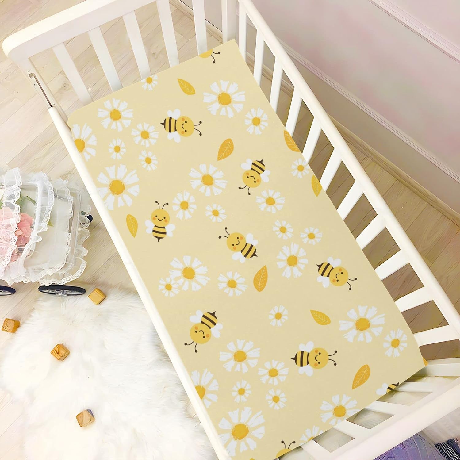 Flying Bees Daisy – Sábana bajera ajustable para cuna para niños y niñas, sábana bajera para cuna de bebé, sábana bajera ajustable para bebé, 39 x