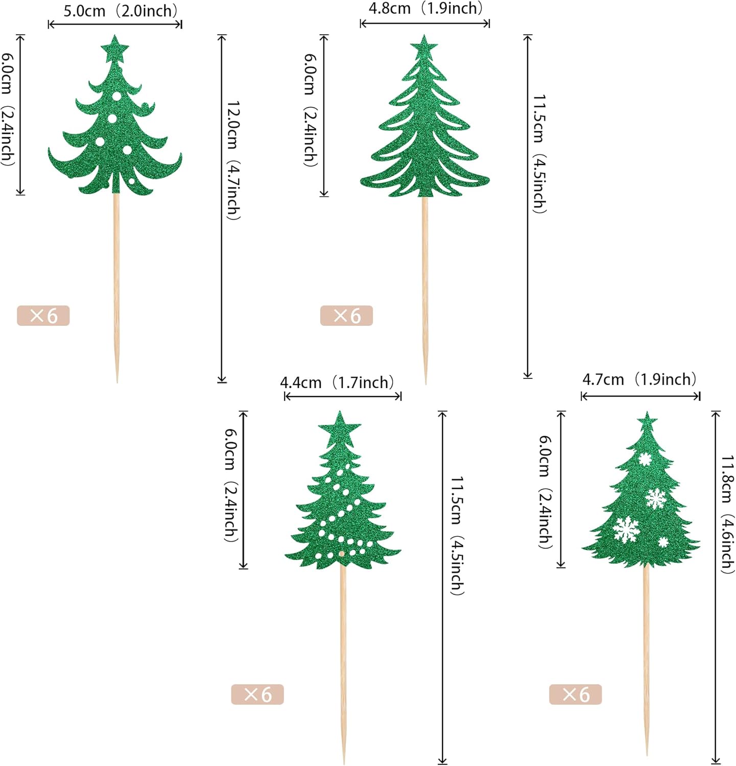 24 piezas de adornos para cupcakes para árbol de Navidad con estrella verde purpurina para árbol de Navidad para temática de Feliz Navidad, Año