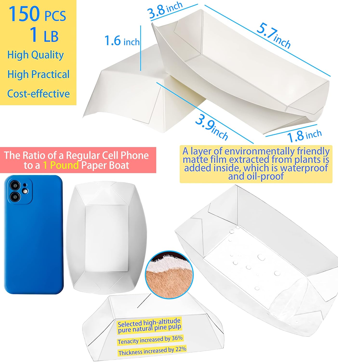 MotBach Paquete de 150 botes de papel para alimentos, bandejas desechables de papel kraft de 1 libra, botes de papel para llevar, bandejas de servir