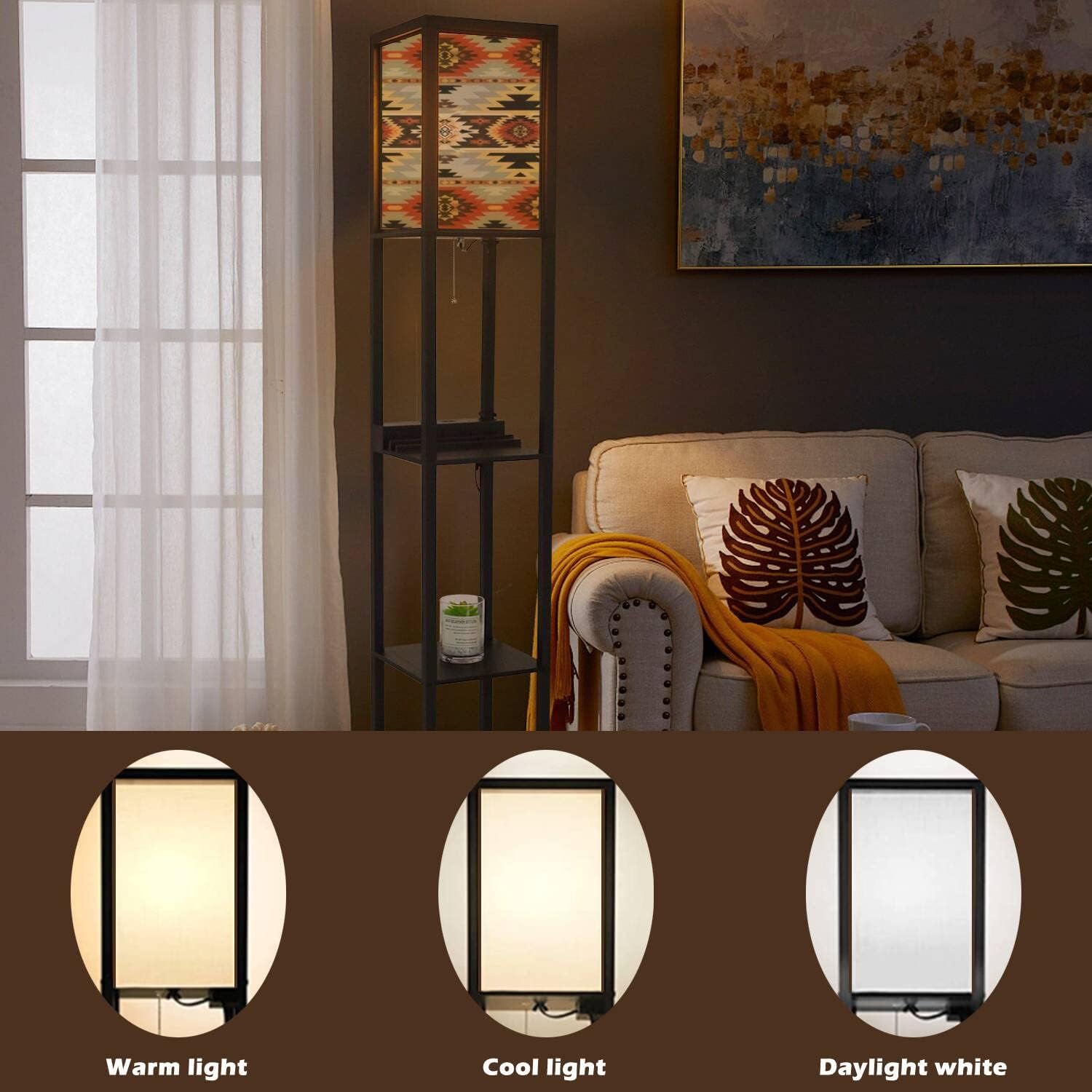 Navajo – Lámpara de pie étnica geométrica sin costuras con estampado nativo americano del suroeste con estantes, puertos USB y toma de corriente,