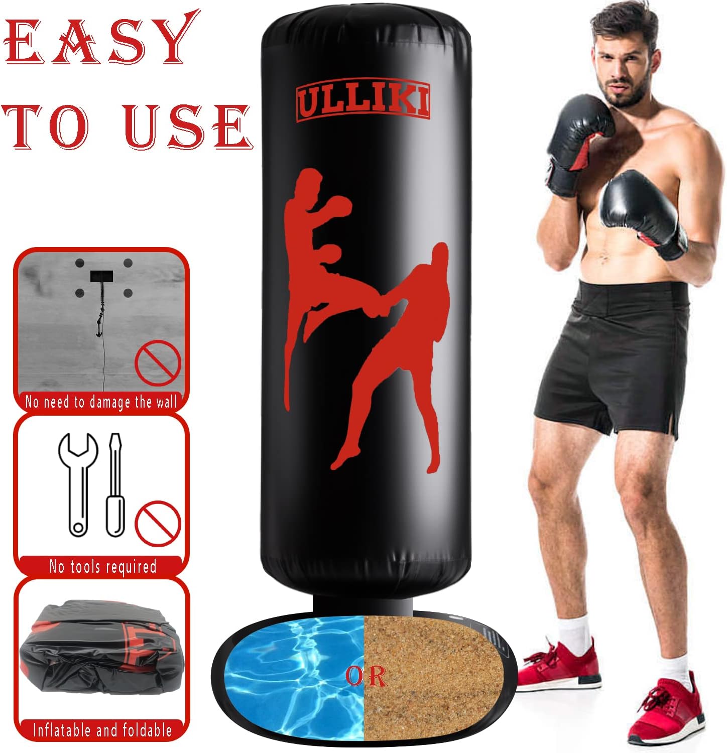 ULLIKI Saco de boxeo de 65 pulgadas para adultos y niños con guantes, bolsa de boxeo pesada independiente, equipo de entrenamiento de boxeo