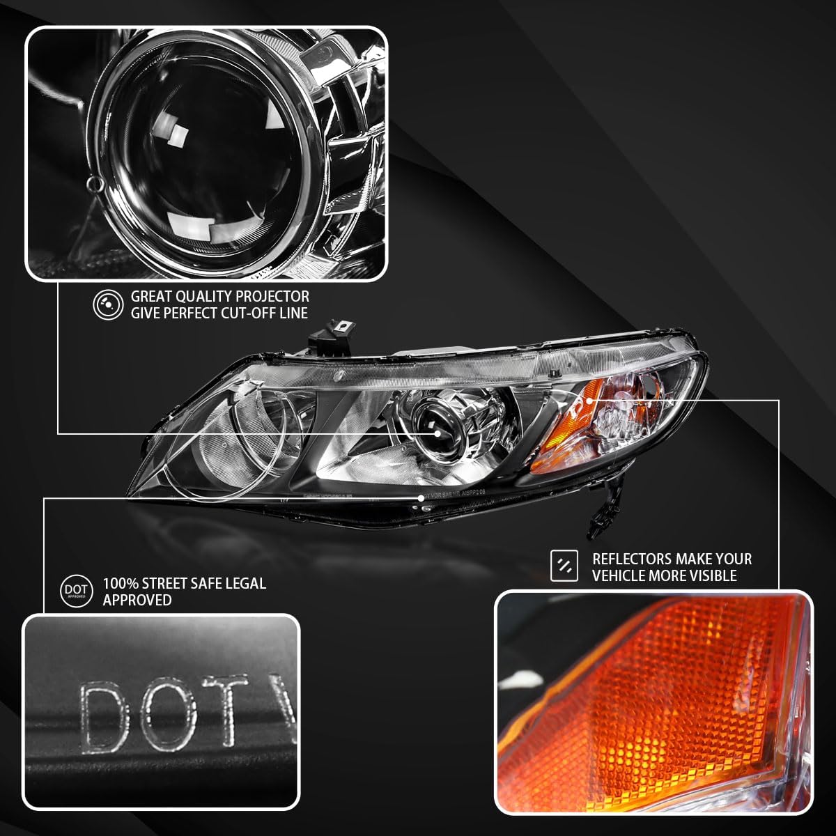 AUTOZENSATION Compatible con Honda Civic 4dr Sedan 2006-2011, conjunto de faros delanteros izquierdo y derecho, faros delanteros retro negros