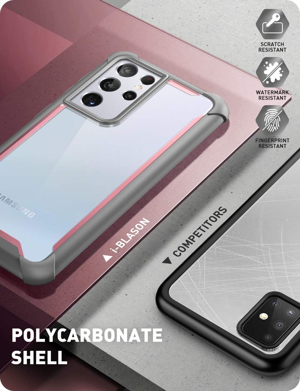 i-Blason Funda para Samsung Galaxy S21 Ultra 5G (2021), protección transparente a prueba de golpes serie Ares sin protector de pantalla (rosa1)