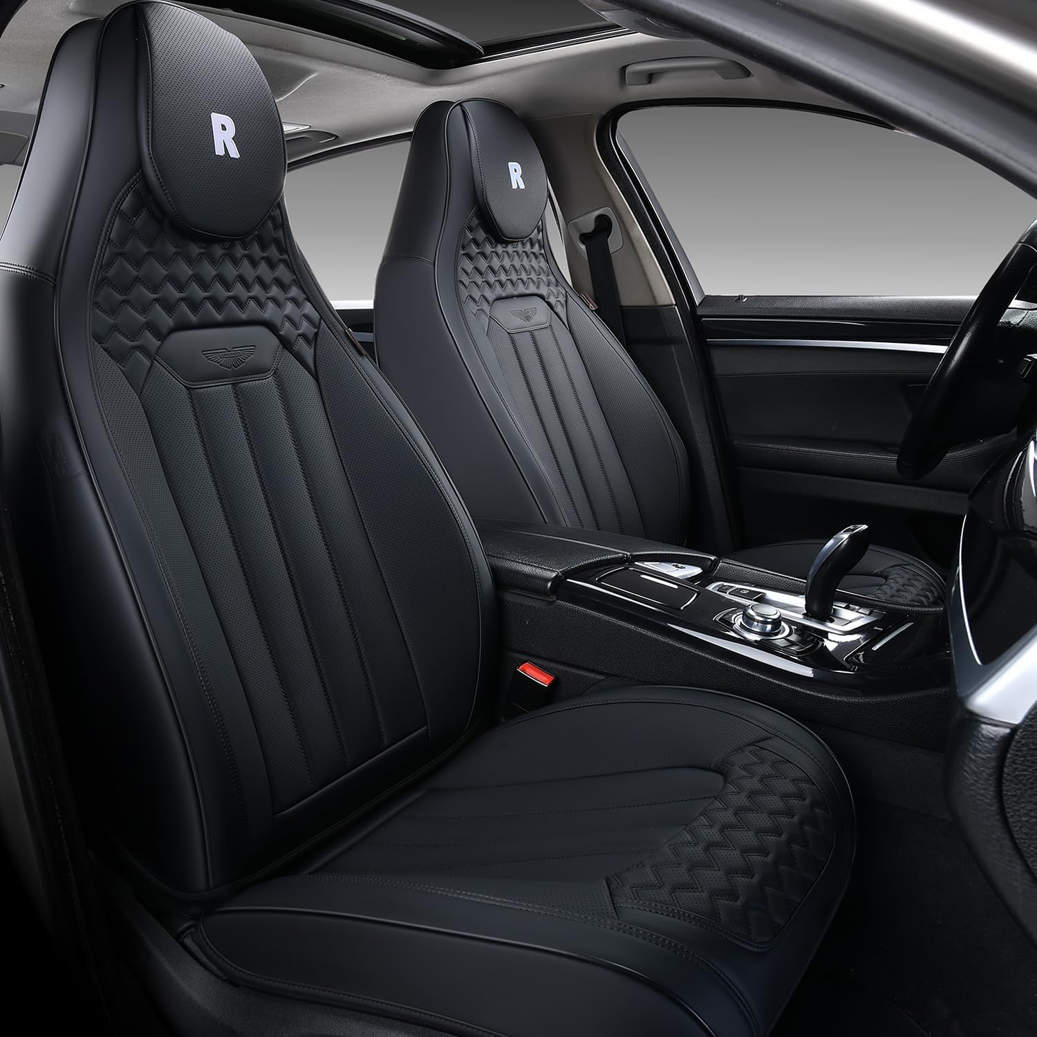Coverado Juego completo de fundas de asiento de automóvil, fundas de asiento de cubo para 5 asientos, fundas de asiento de cuero de napa para