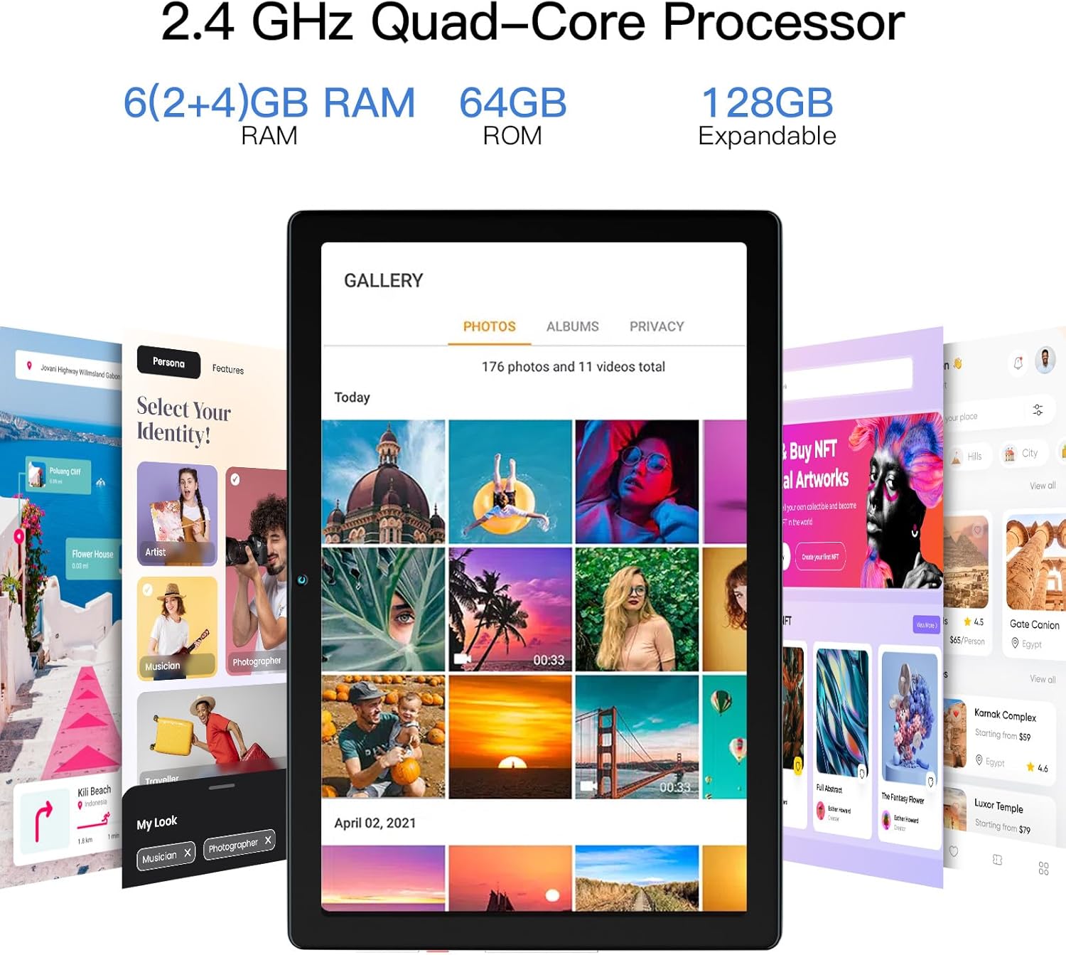 Dewsod Tablet de 10 pulgadas, Android 13 Go Tablet con 6 GB (2+4) RAM + 64 GB de ROM, procesador de cuatro núcleos, 1280 x 800, cámara dual, batería