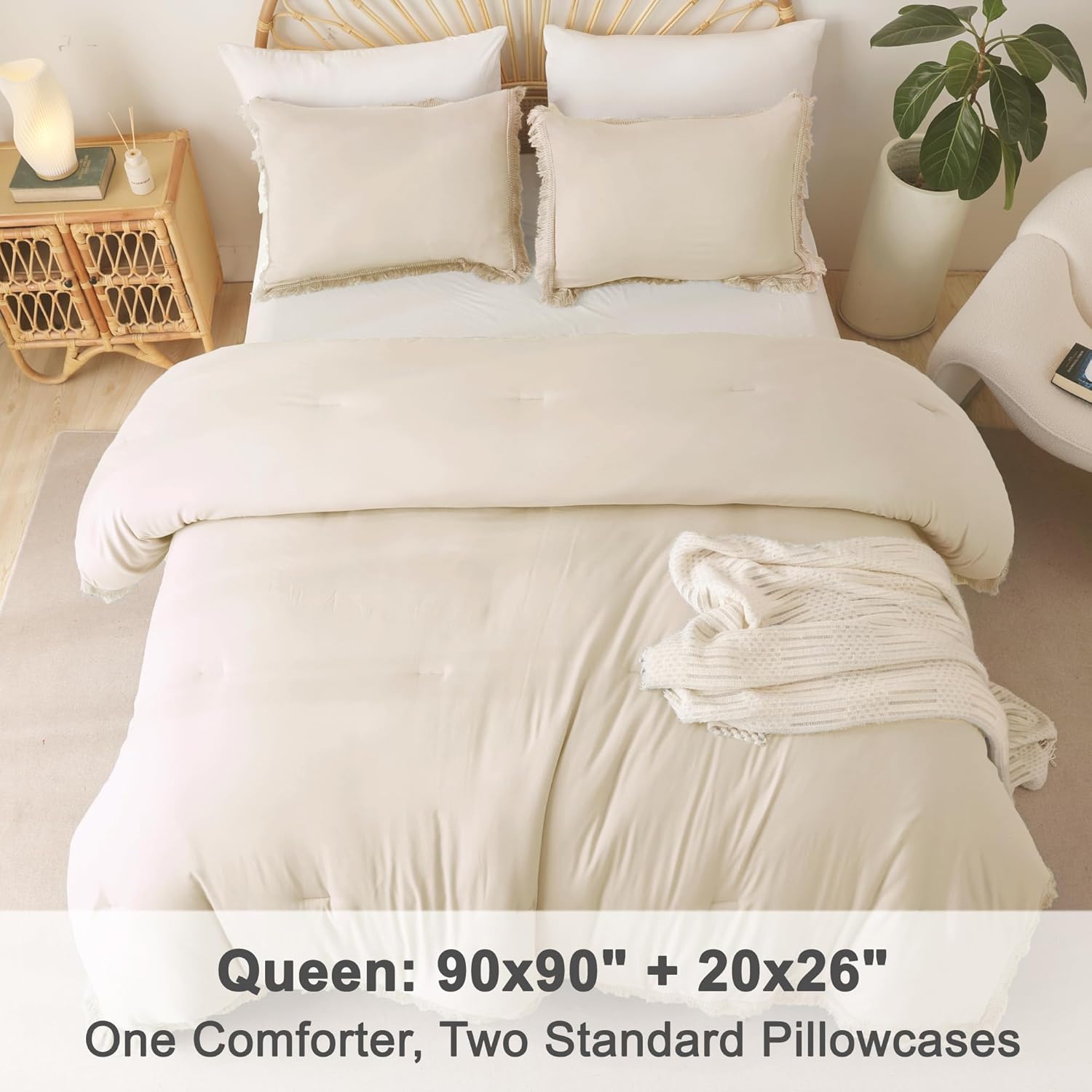 Litanika Juego de edredón beige Queen de 3 piezas, edredón ligero con borlas bohemias crema, para todas las estaciones, juego de edredón de color