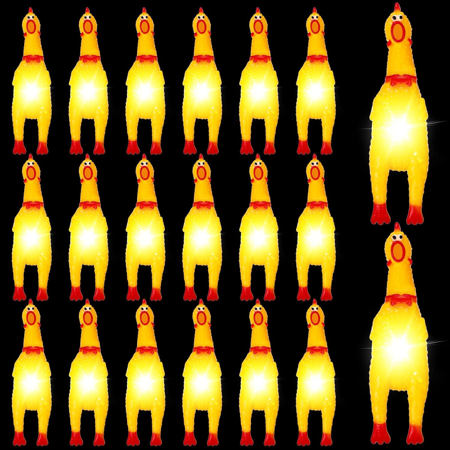 Paquete de 20 juguetes de pollo de goma parpadeantes con 20 bolas luminosas, pollo gritando LED brillante chillando pollo chirriante que encoge el
