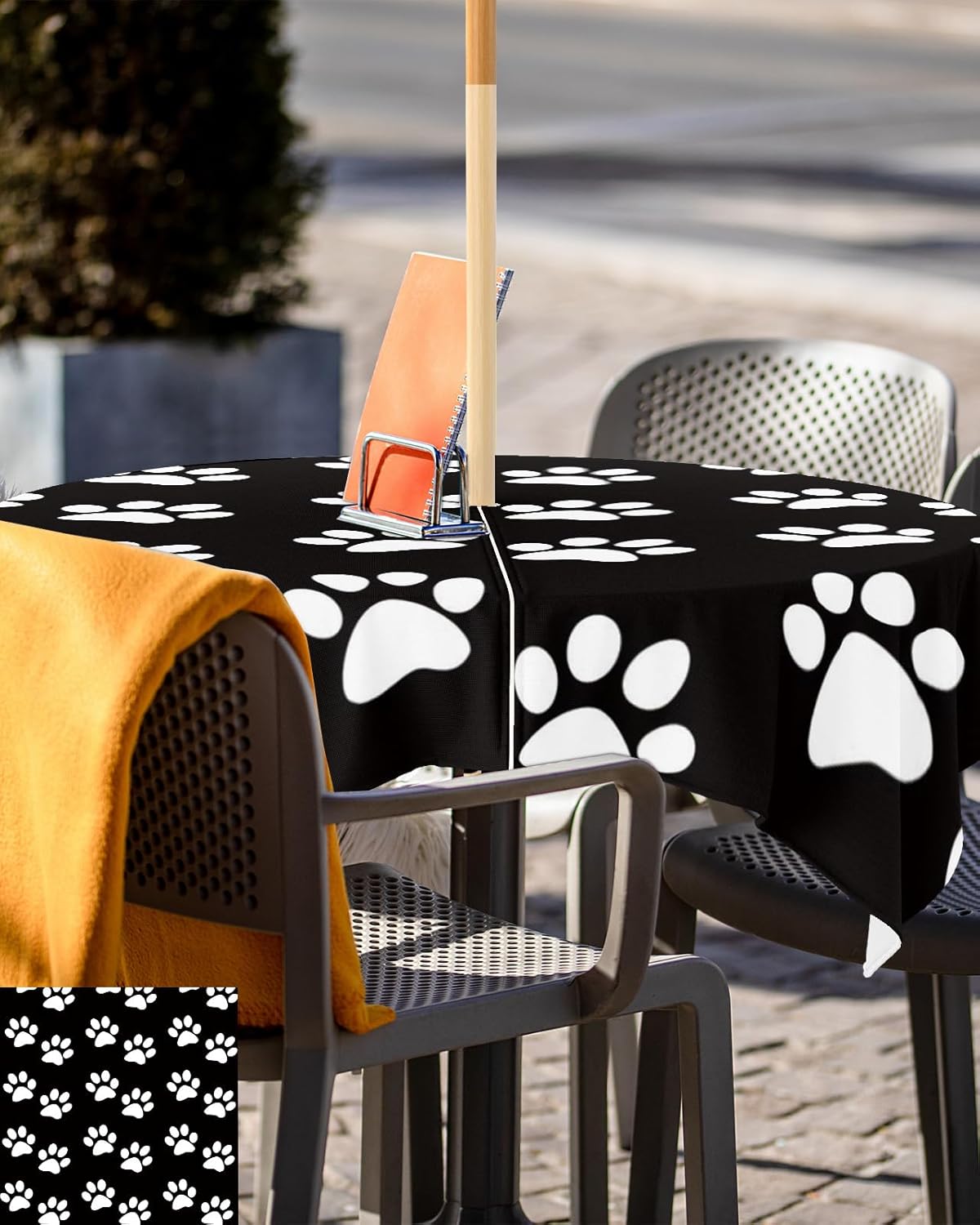 Mantel para exteriores con agujero para paraguas, estampado de patas de perro, mesas cuadradas en blanco y negro, colección de mesa impermeable para