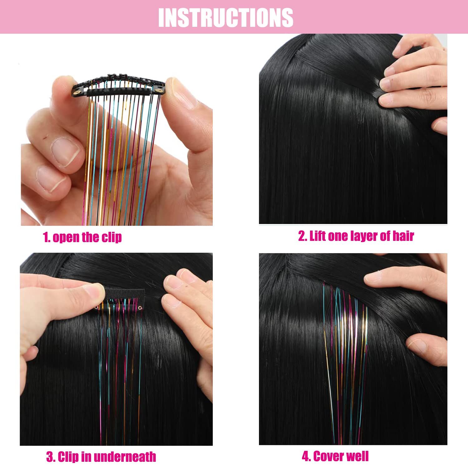 Kit de 6 piezas de oropel para el cabello, extensiones de cabello de oropel con purpurina de 20 pulgadas, resistentes al calor, hebras de cabello de