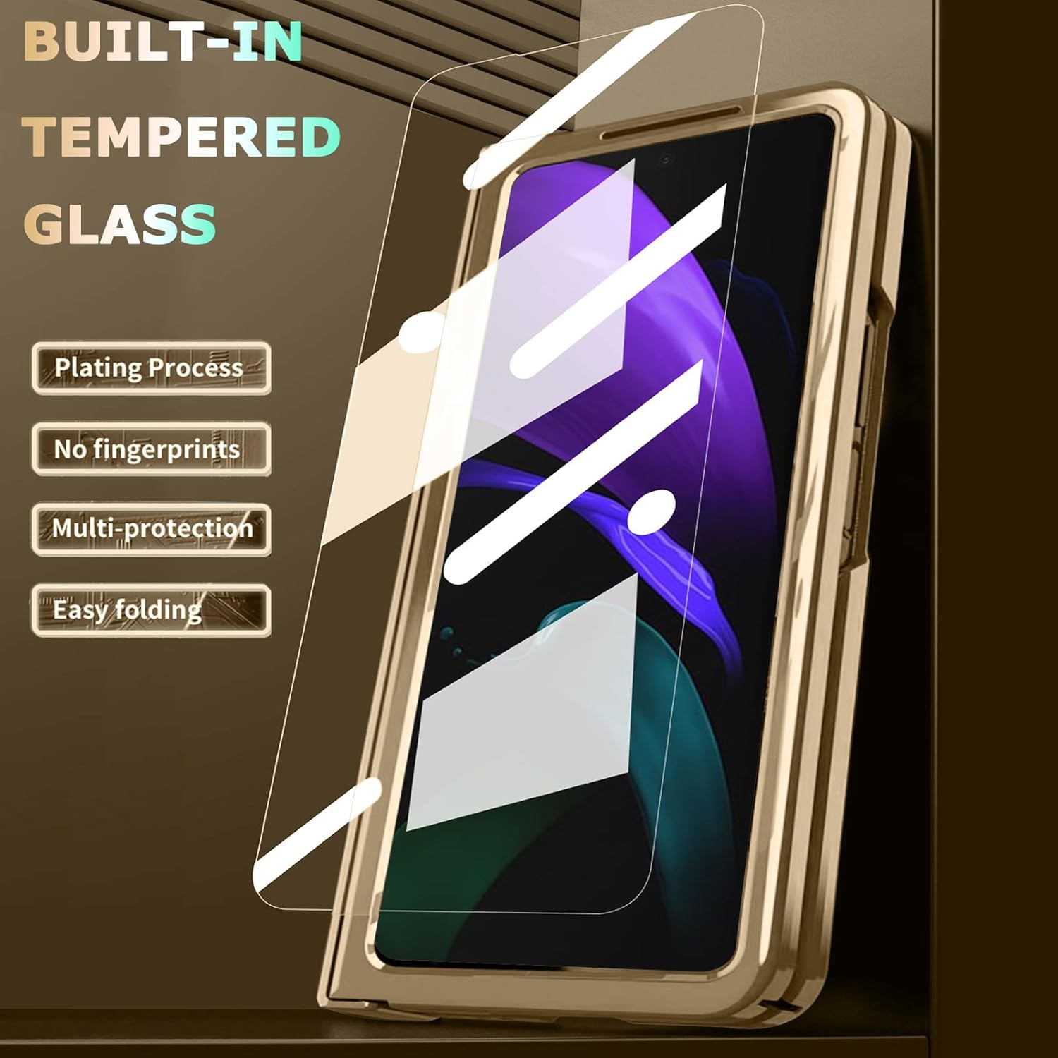 NINKI Funda compatible con Samsung Z Fold 4 de color dorado champán con protección de bisagra y textura de galvanoplastia, funda protectora de