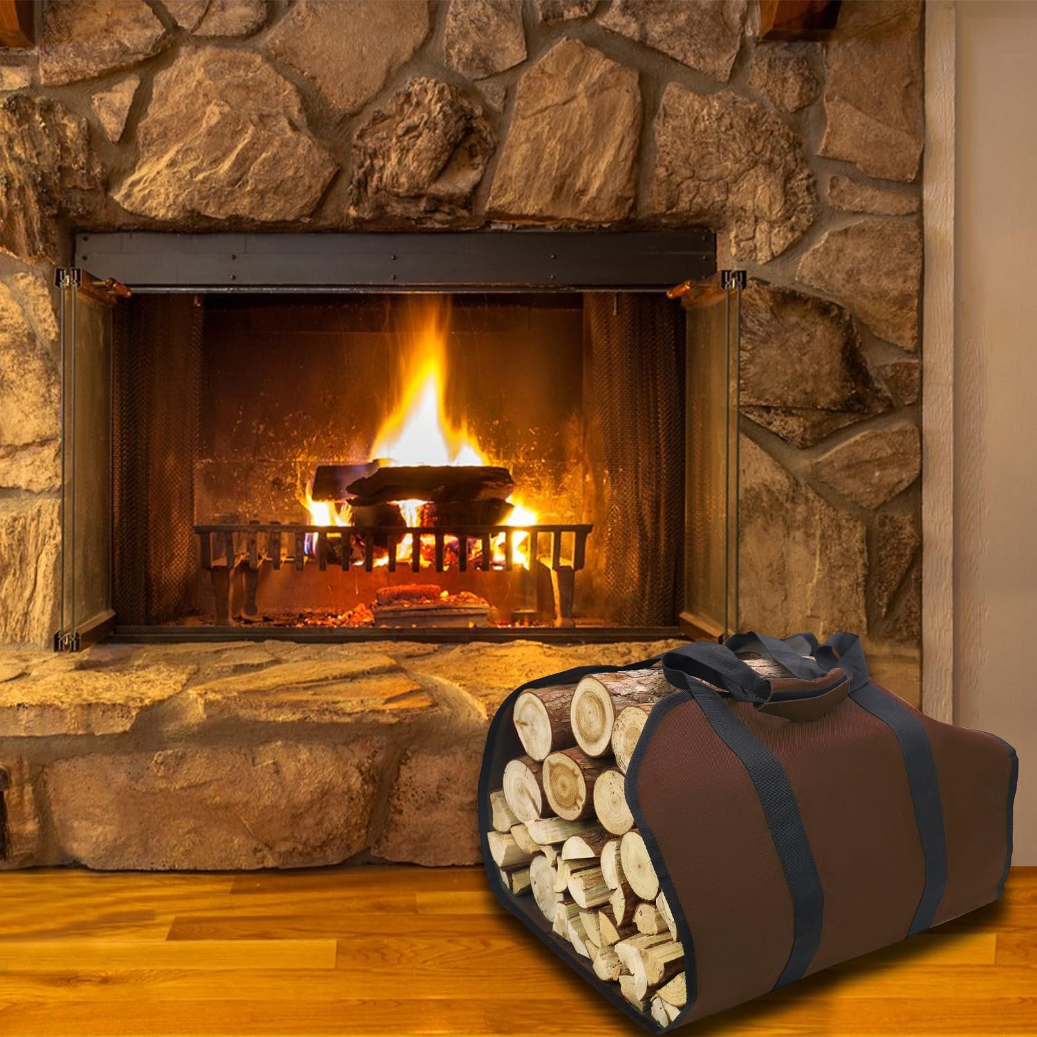 Hongmai Portador de leña con asas, bolsa de lona para leña con asas, soporte para leña para chimenea, bolsa transportadora de leña para interiores,