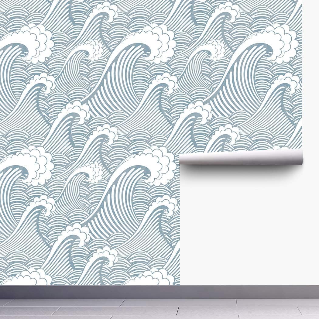 Blooming Wall PS030 – Papel pintado a mano para despegar y pegar, sin costuras, color azul y blanco, papel pintado autoadhesivo con olas, papel