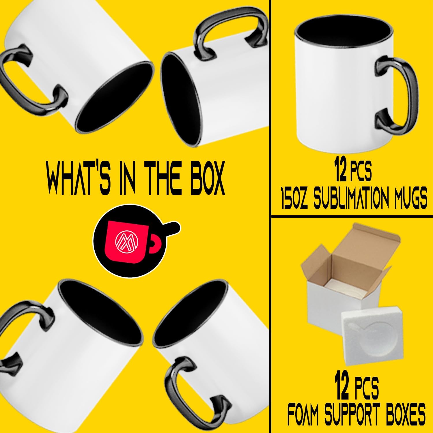 TWISTED ENVY Juego de 12 tazas de sublimación de cerámica de 15 onzas  Interiormango  Negro  Taza de sublimación de grado profesional  Serie de
